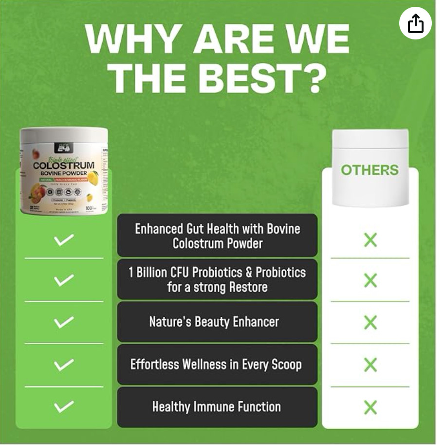 Bovine Colostrum X3 Supplement Powder for Humans, 100% Pure Whole Natural Grass