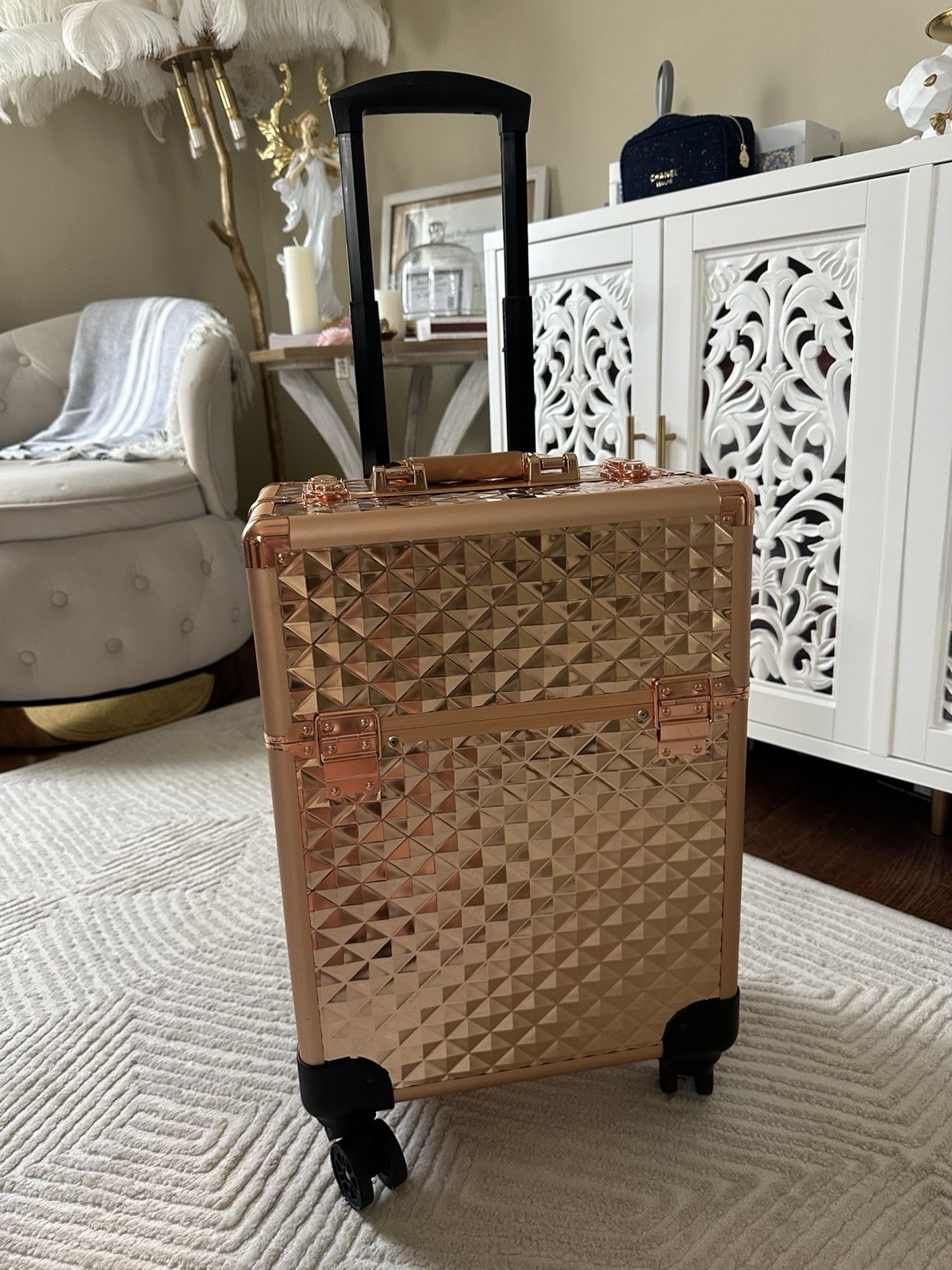 Rose Gold & Black Rolling Makeup Case w/ Wheels, Retractable Handle 20.5in