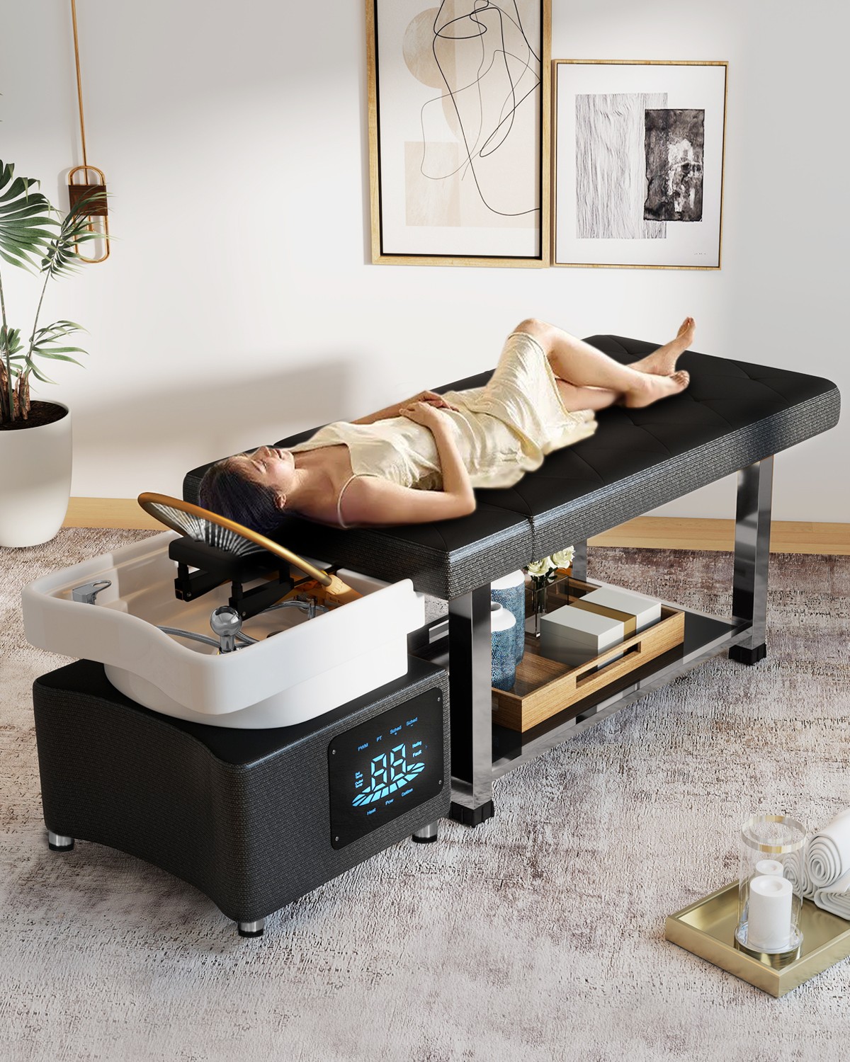 Head Spa Shampoo Bowl Massage Bed Backwash Unit w/Water Cycle,LED Lights Therapy