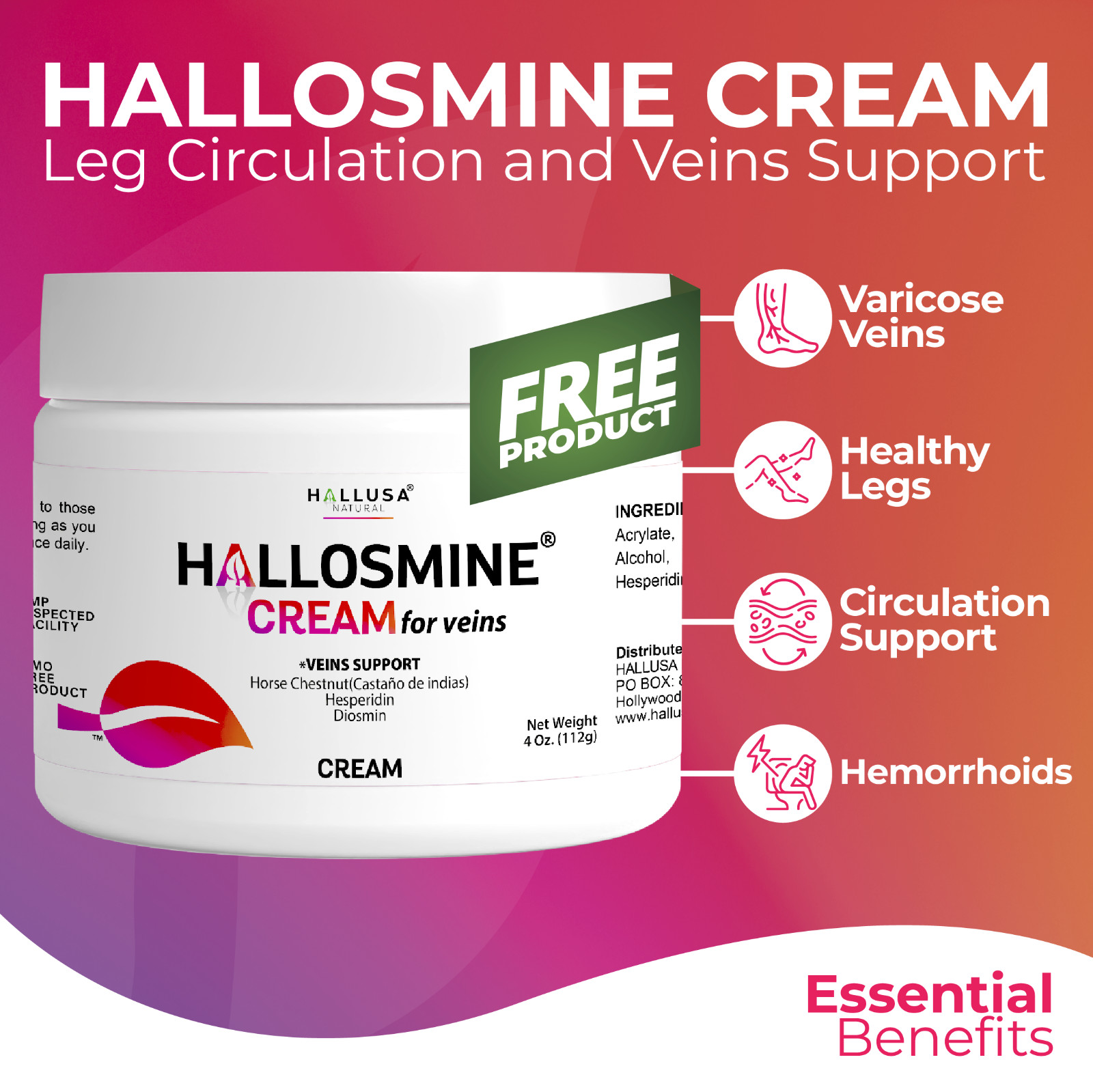 Hallosmine ADVANCE Diosmin 1000mg + FREE Cream for Veins 4 oz – 60 Capsules