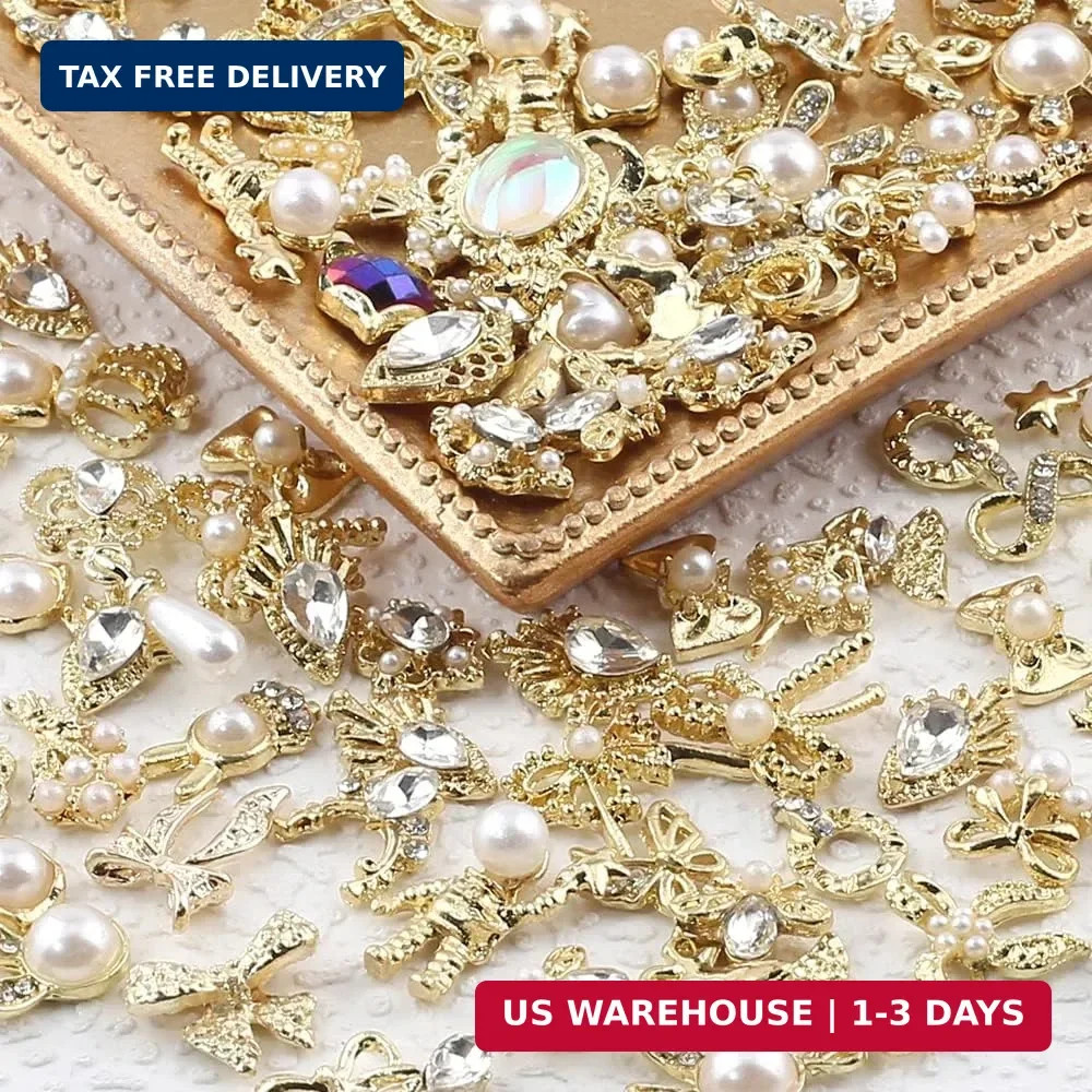 50pcs Random Gold Nail Charms Luxury Nail Rhinestones Nail Gems 3D Alloy Flower