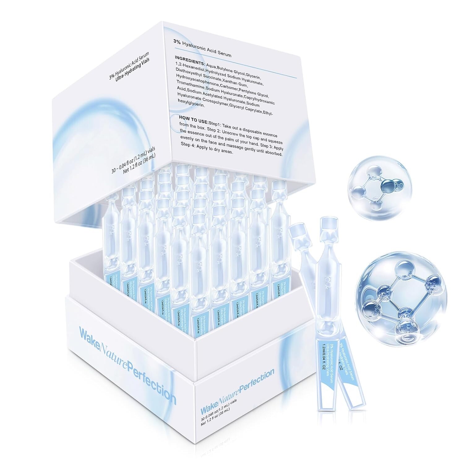 30PCS 5% Hyaluronic Acid Serum Vials – Moisturizing, Firming, Single-Use Tubes
