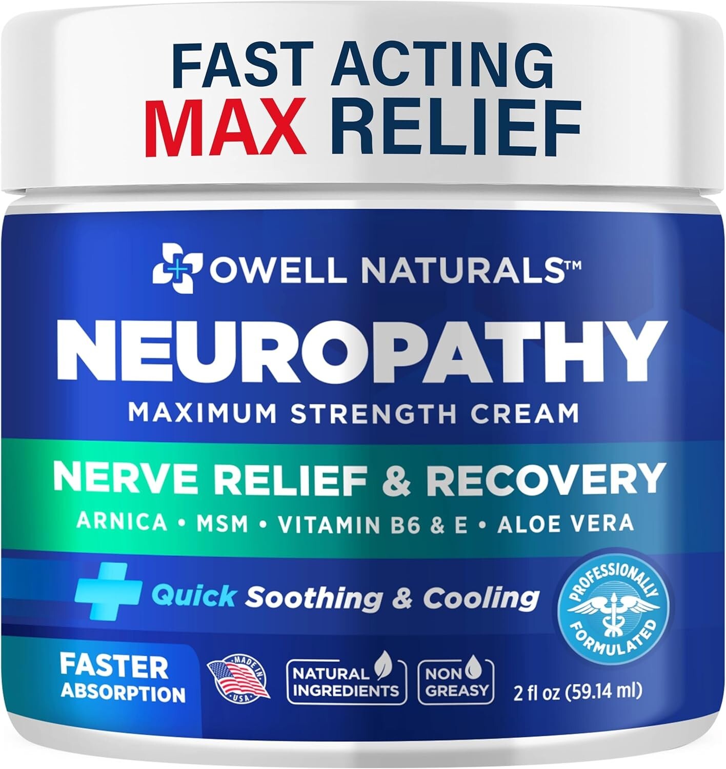 OWELL NATURALS Neuropathy Nerve Pain Relief Cream for Feet, Leg, Max Strenght
