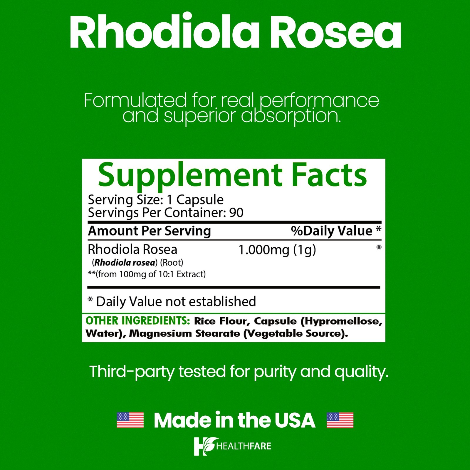 Healthfare Rhodiola Rosea Capsules 1000mg Equivalent | 90 Vegan Capsules