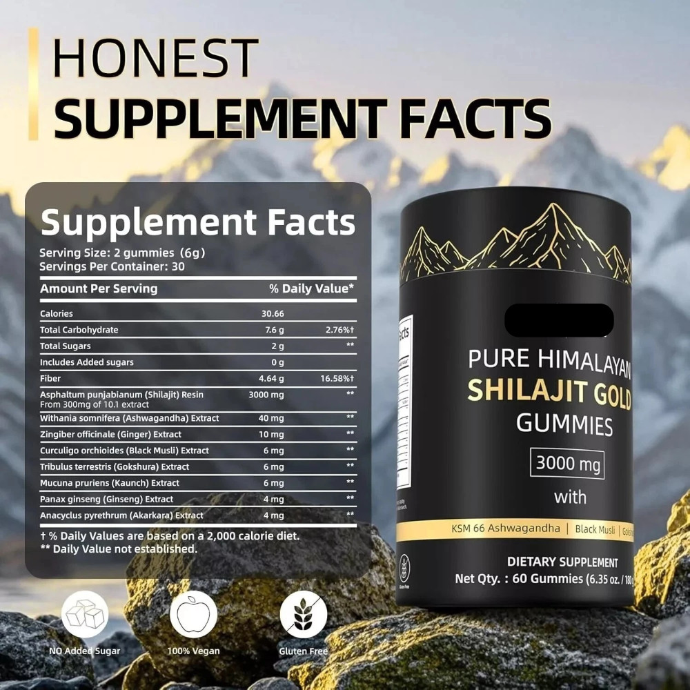 Pure Himalayan Shilajit Gold Gummies with Ashwagandha, and Gokshura , 60 Gummies