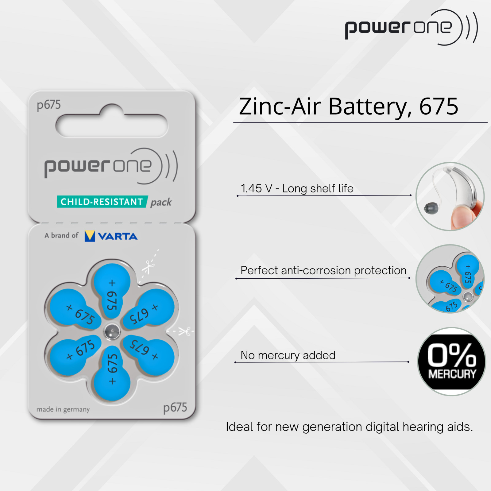 60 Power One Hearing Aid Batteries Size 675 + Free Keychain/2 Extra Batteries