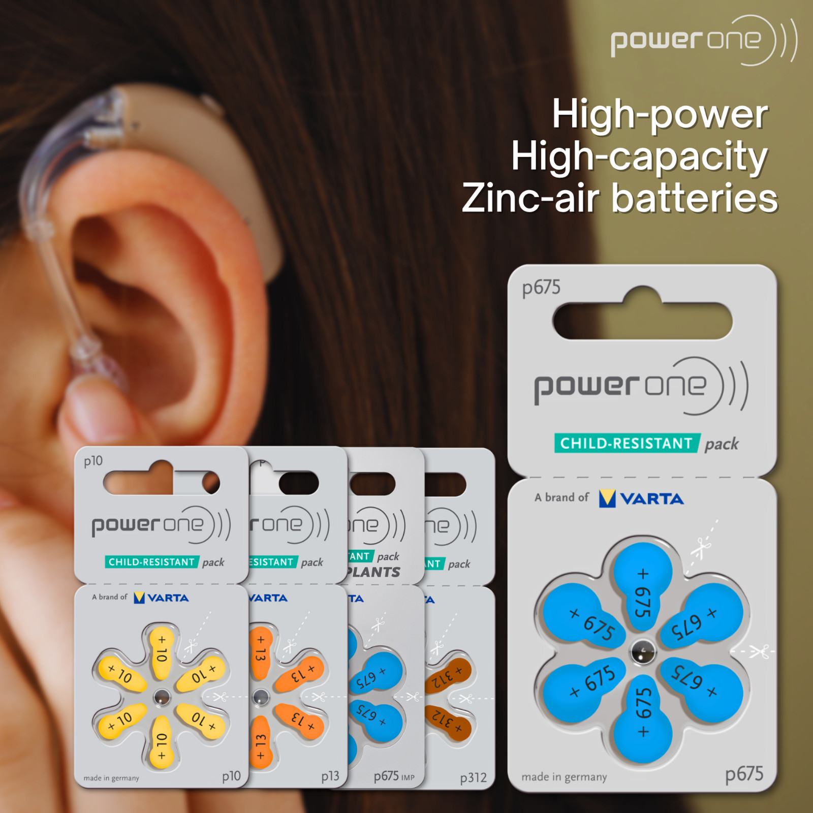 60 Power One Hearing Aid Batteries Size 675 + Free Keychain/2 Extra Batteries
