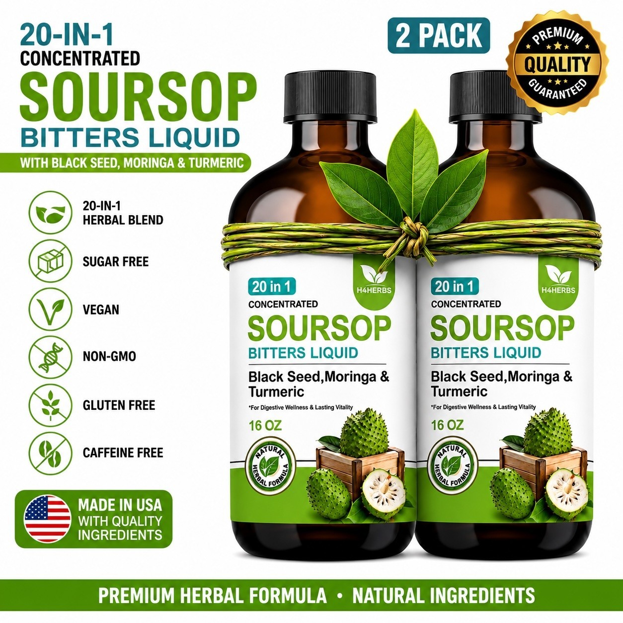 Soursop Bitters Liquid 20-in-1 Herbal Blend Vegan Sugar Free 16 oz – Pack of 2