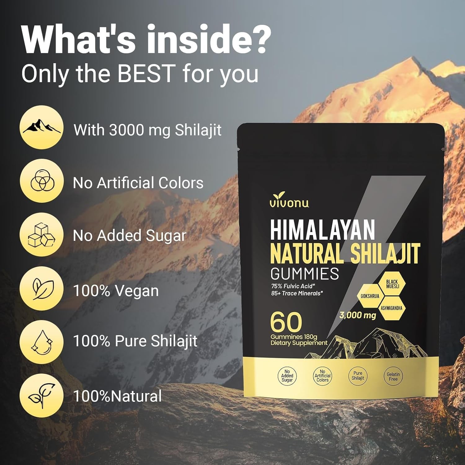 VivoNu Himalayan Shilajit Gummies 3000mg, Ashwagandha, Fulvic Acid, 60 Count