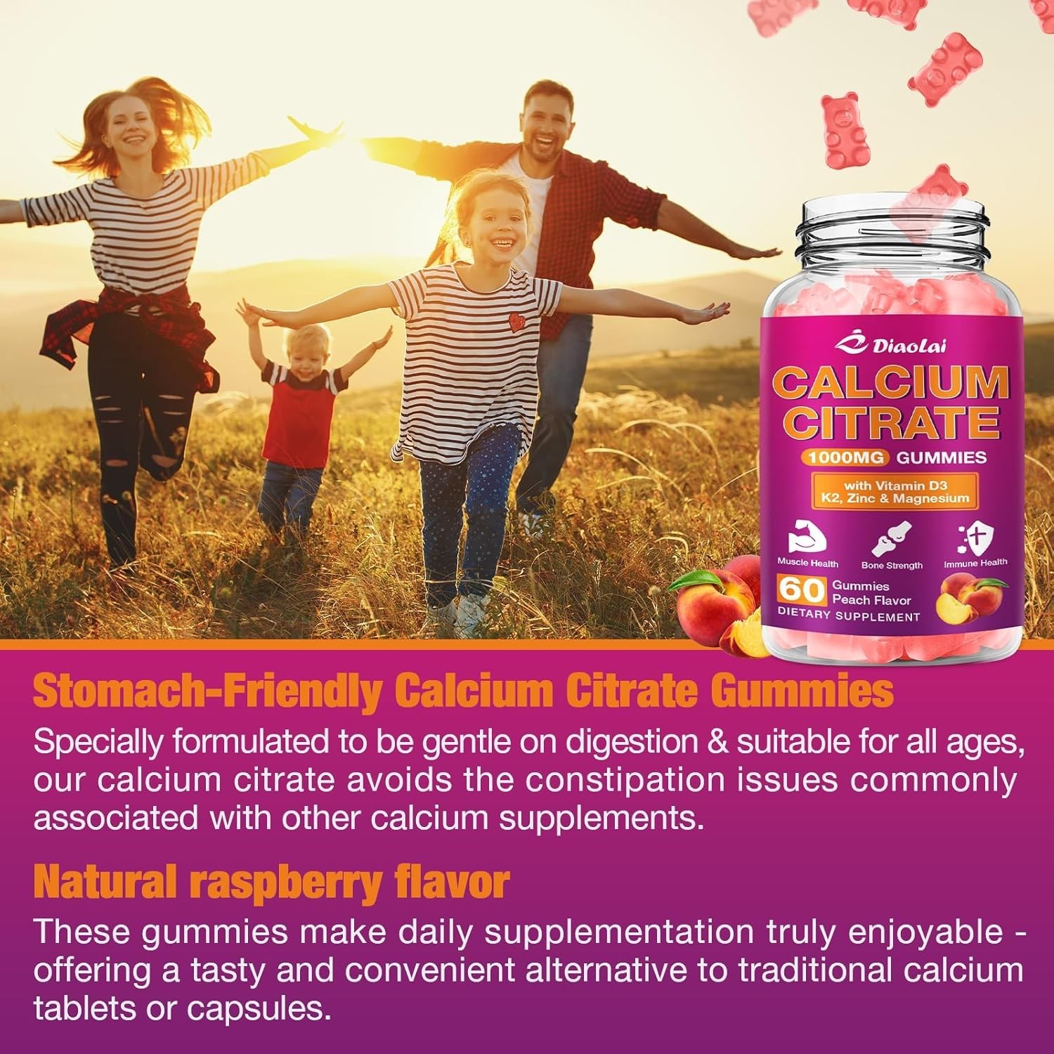 2 Pack Calcium Citrate Gummies – 1000mg per Serving – Supports Bone & Teeth Heal