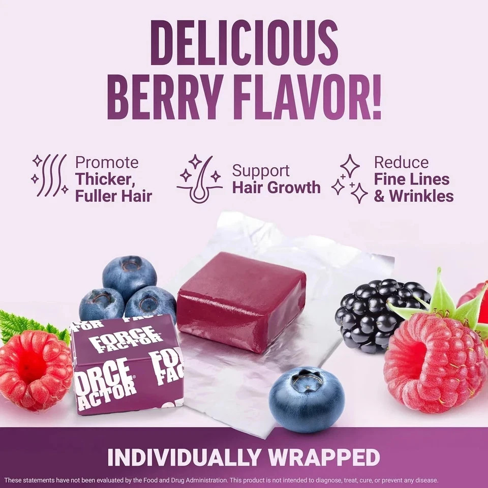 Force Factor Hair Growth Chews | Clinically Studied Formula, 60ct Mixed Berry