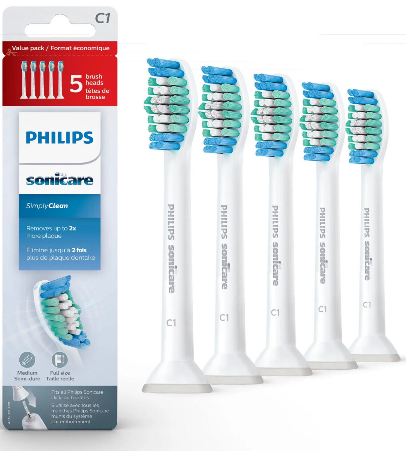 5 Pack C1 Sonicare Simply Clean Replacement Toothbrush Brush Heads HX6015/03