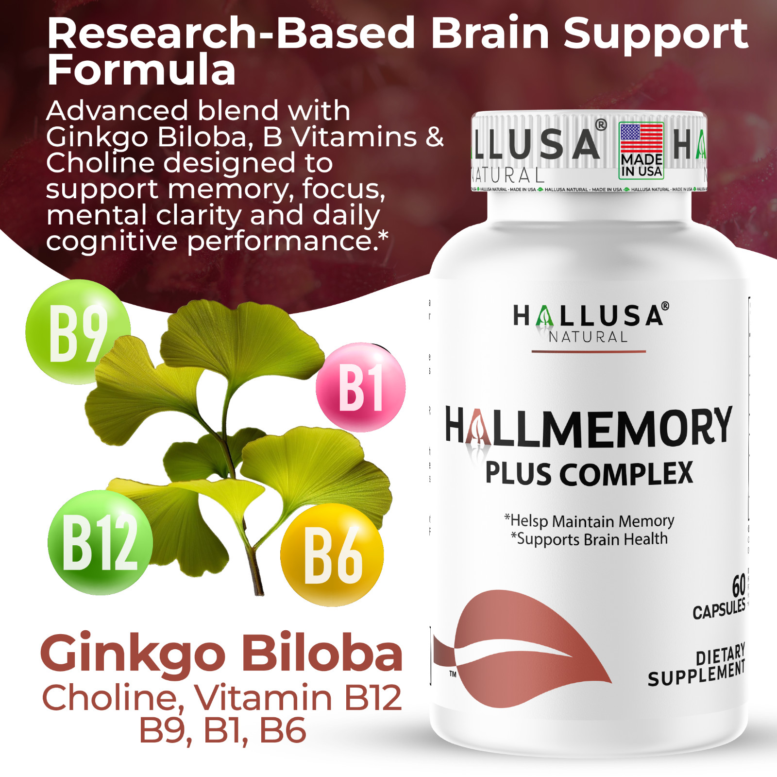 HALLMEMORY – Brain Health – Mental Concentration – Focus Function 60 Caps