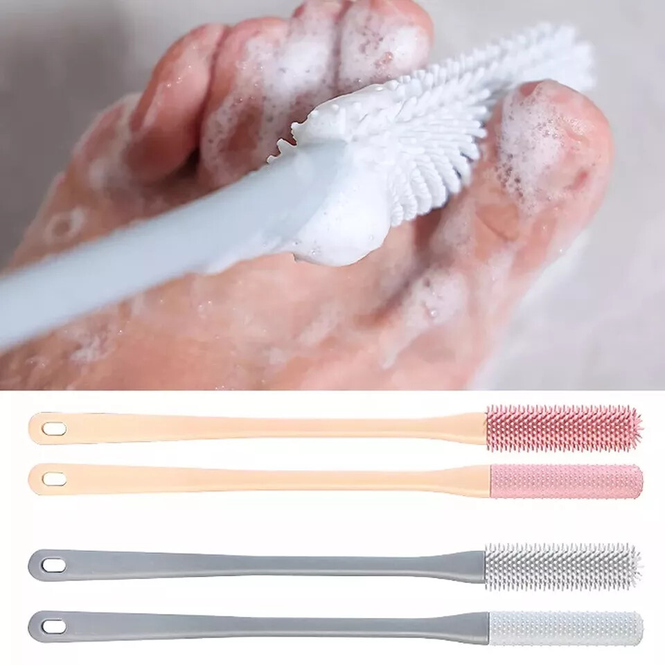 2× Toe Gap Cleaning Brush 15.7″ Foot Scrubber Silicone Shower Long Handle Brush