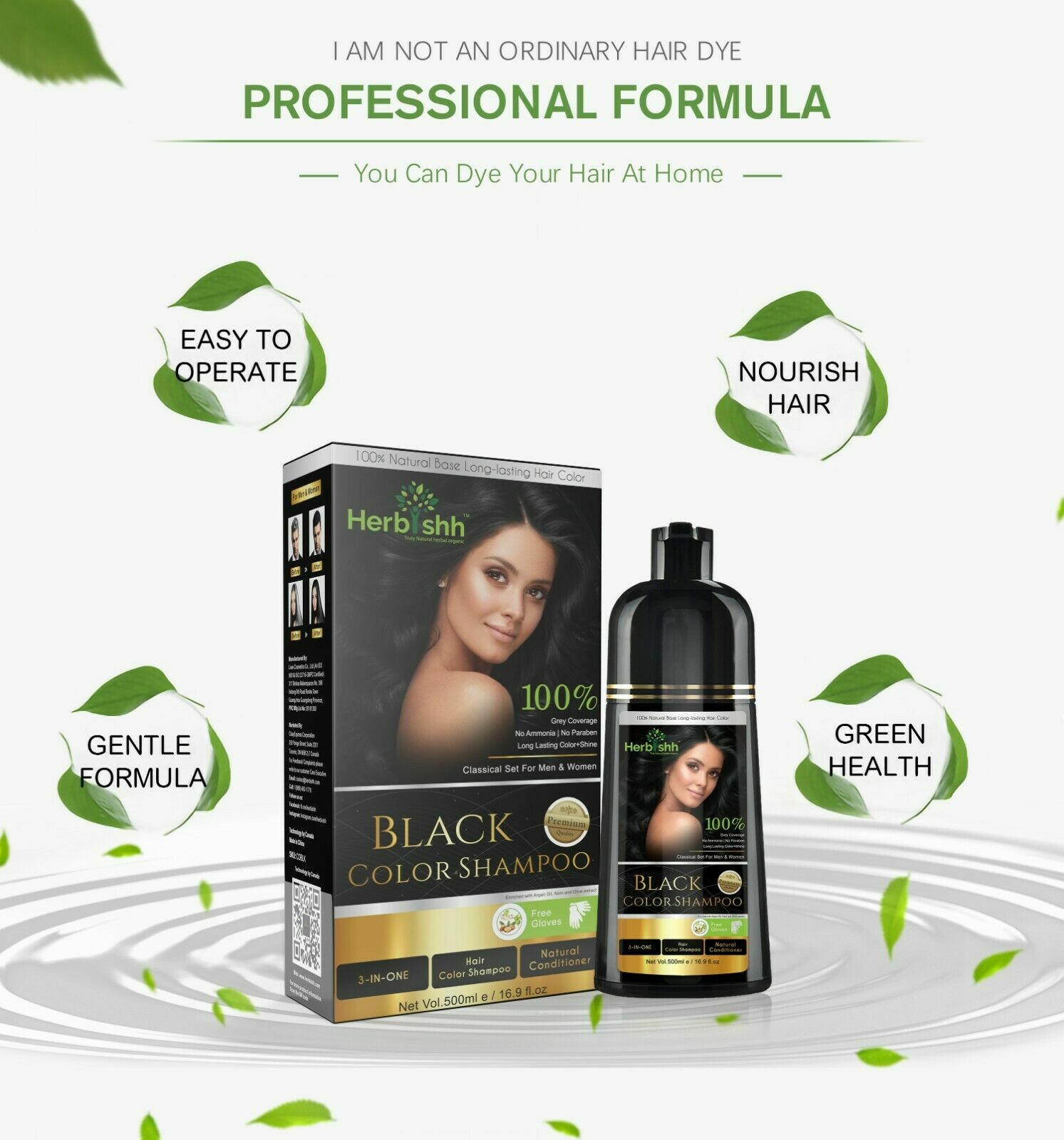 2PCS AMMONIA FREE HERBISHH HAIR COLOR SHAMPOO HAIR DYE -BLACK