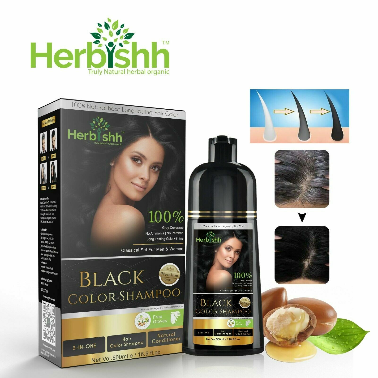 2PCS AMMONIA FREE HERBISHH HAIR COLOR SHAMPOO HAIR DYE -BLACK