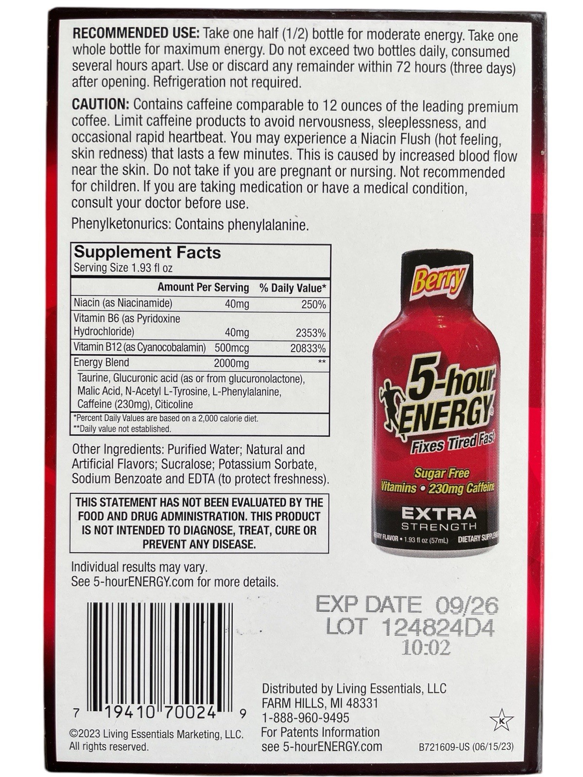 5-hour Energy Shot Extra Strength Berry 24 Count, Exp. 09/26