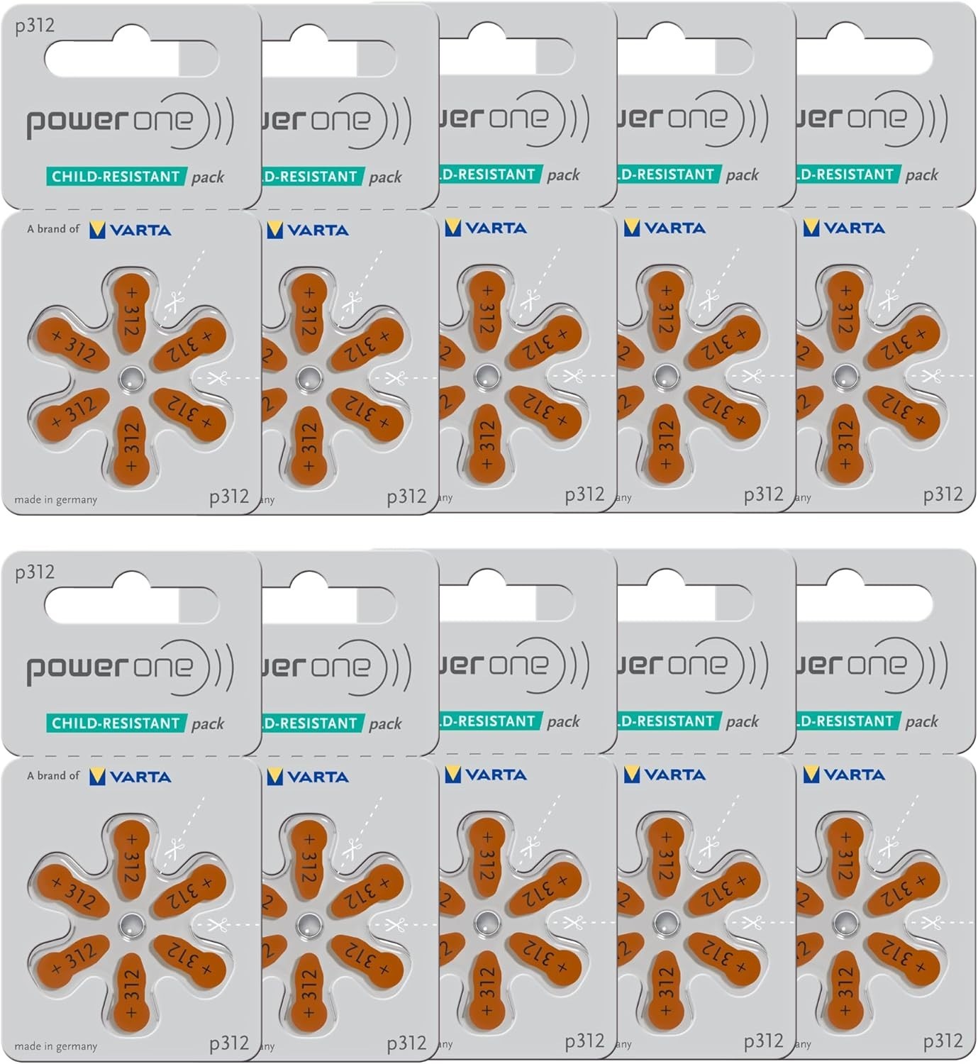 60 Powerone size 312 Hearing Aid Batteries, Made Germany, 60 Batteries Exp 2029