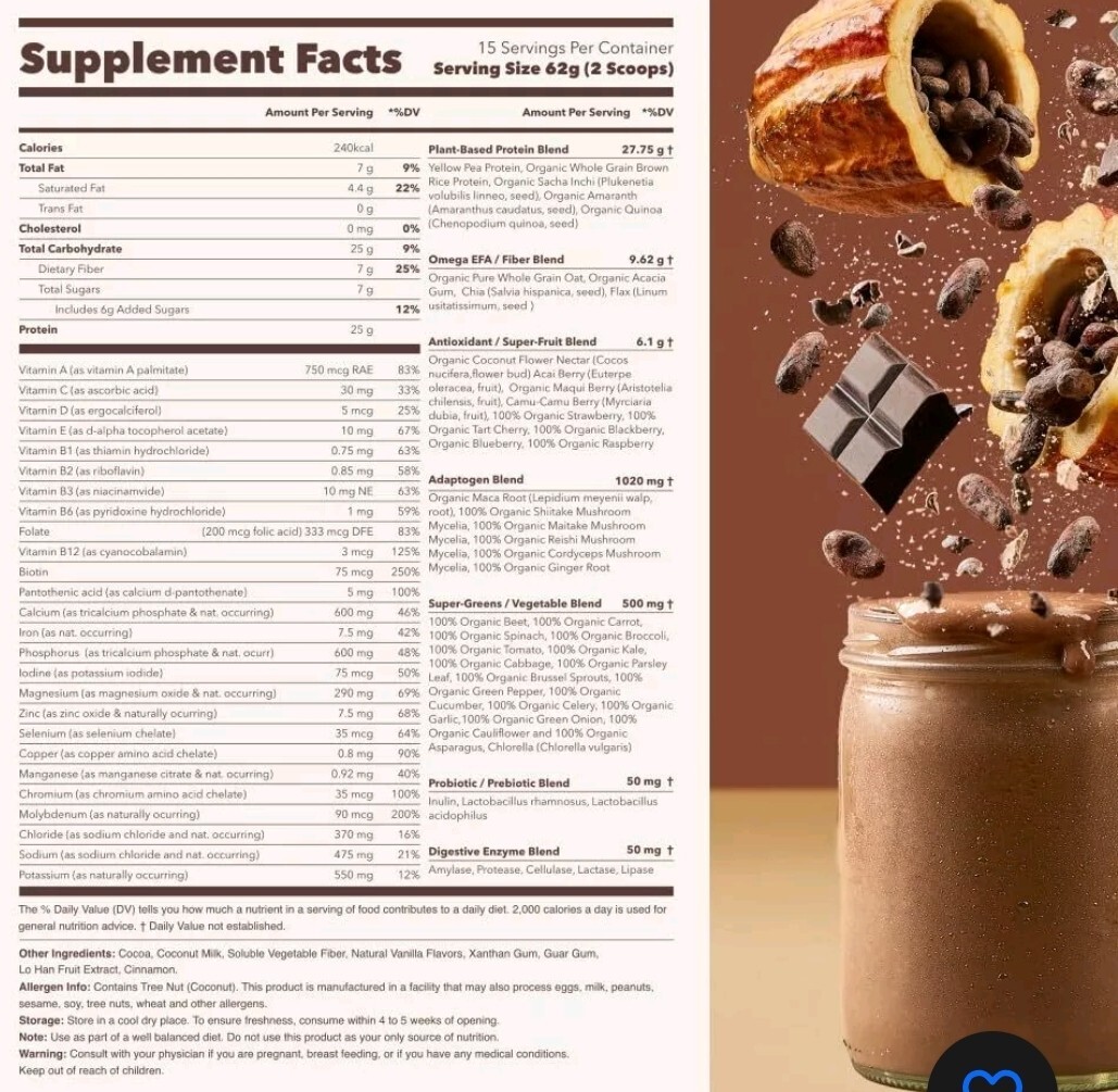 Ka’Chava Chocolate Vegan Protein Shake full meal replacement 32.8 oz exp07/26