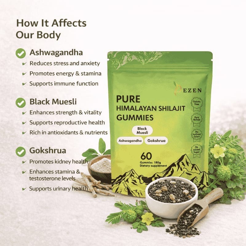 DEZEN Pure Himalayan Shilajit Gummies 3000mg with Ashwagandha 60 Count 180g