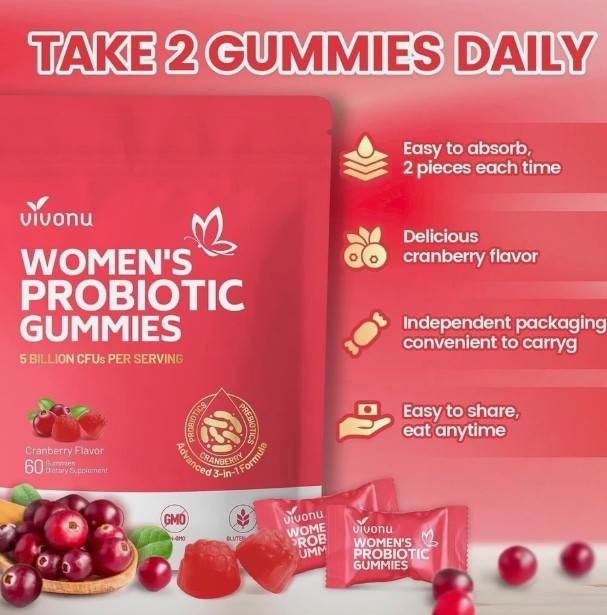 Vivonu Women’s Probiotic Gummies Cranberry 5 Billion CFU Feminine & Gut Health