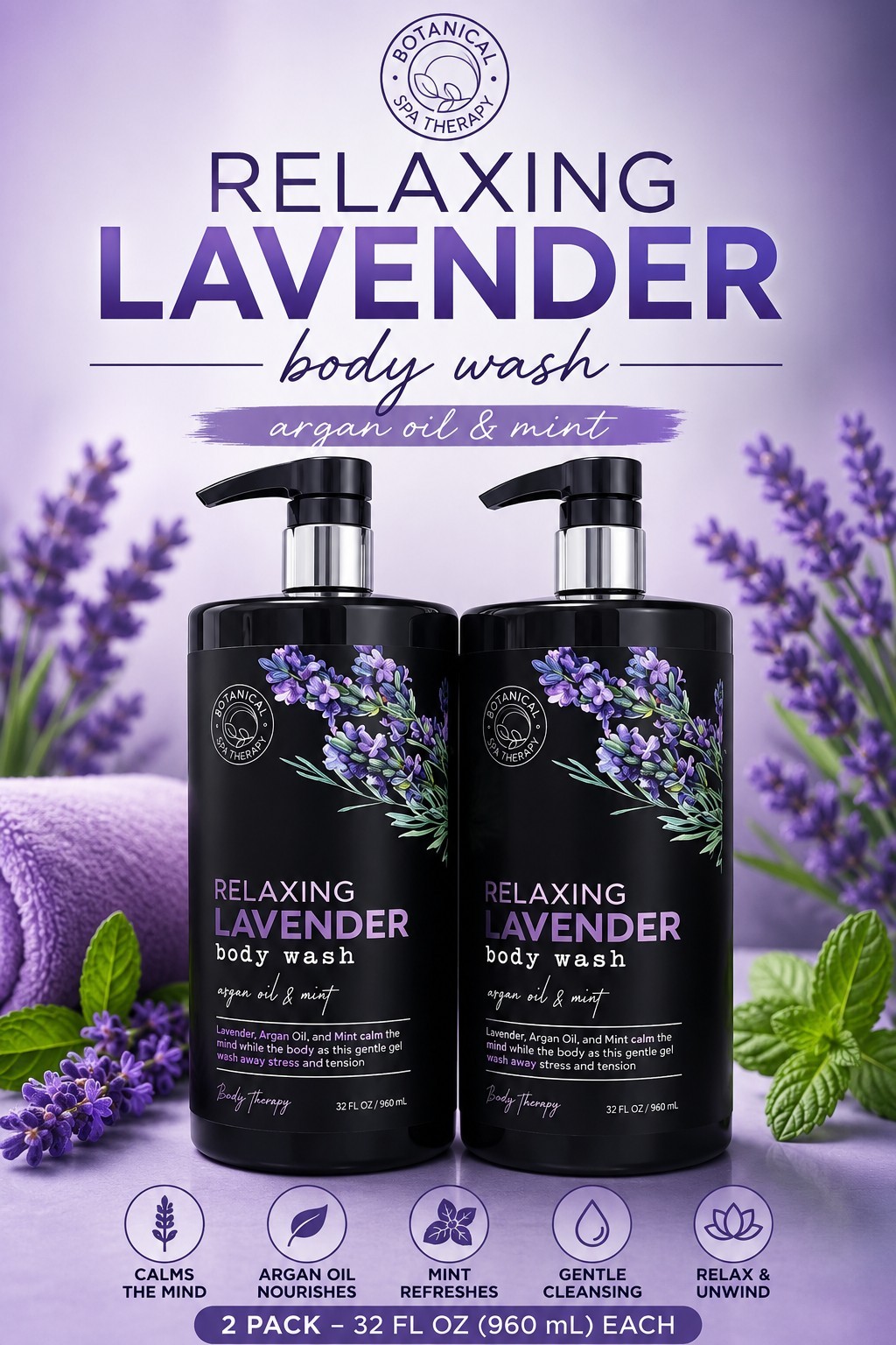 Botanical Spa Therapy Relaxing Lavender Body Wash Argan Oil Mint 32 oz 2 Pack