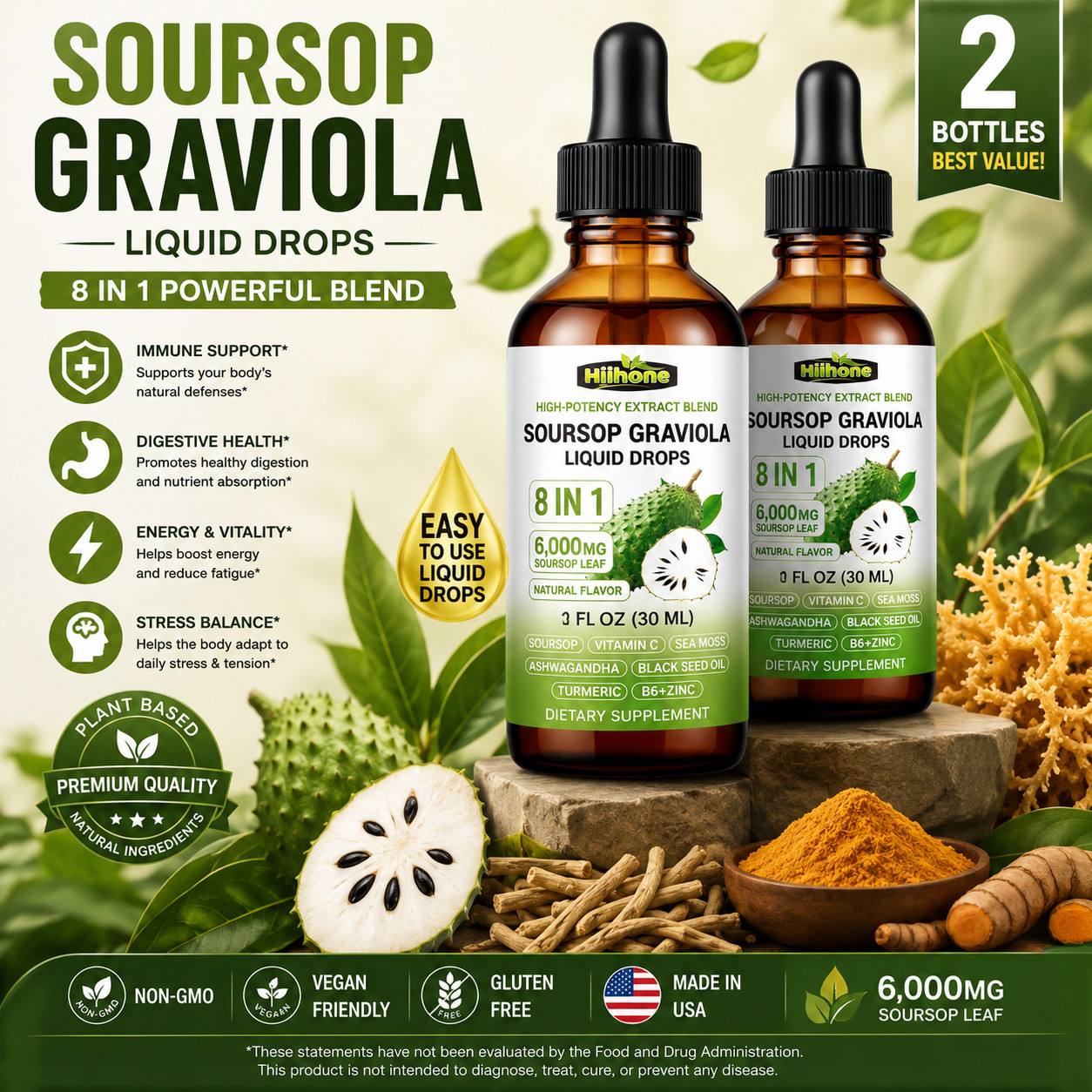 2 Pack Soursop Graviola Liquid Drops 8 in 1 Sea Moss Black Seed Ashwagandha