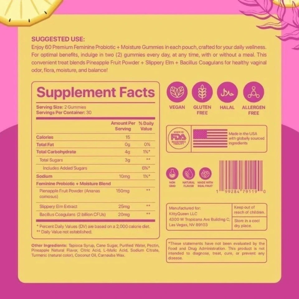 Slippery Kitty Kitty Queen Feminine Probiotic Gummies Vaginal Hydration Wellness