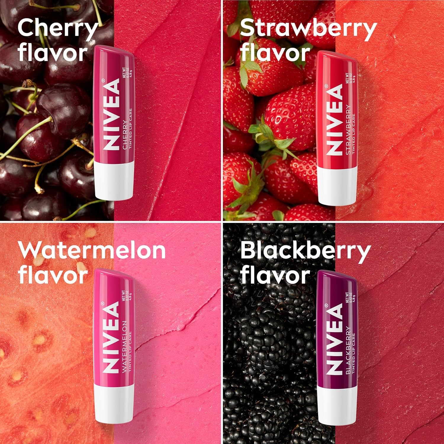 NIVEA Lip Care Tinted Balm Cherry Strawberry Blackberry Watermelon 4 Pack