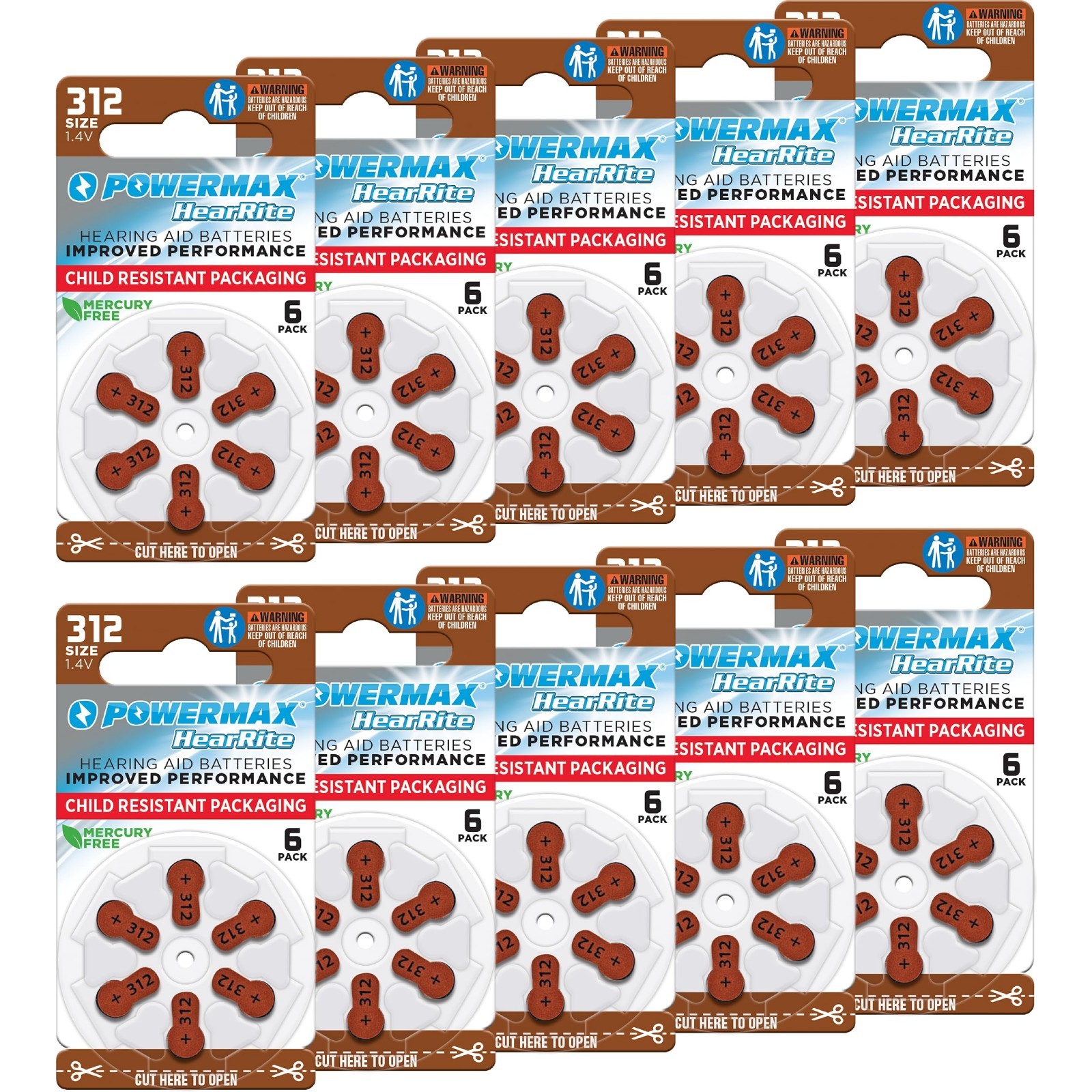 Long-Lasting Hearing Aid Batteries Size 312, 60 Count, Easy Change Brown Tabs
