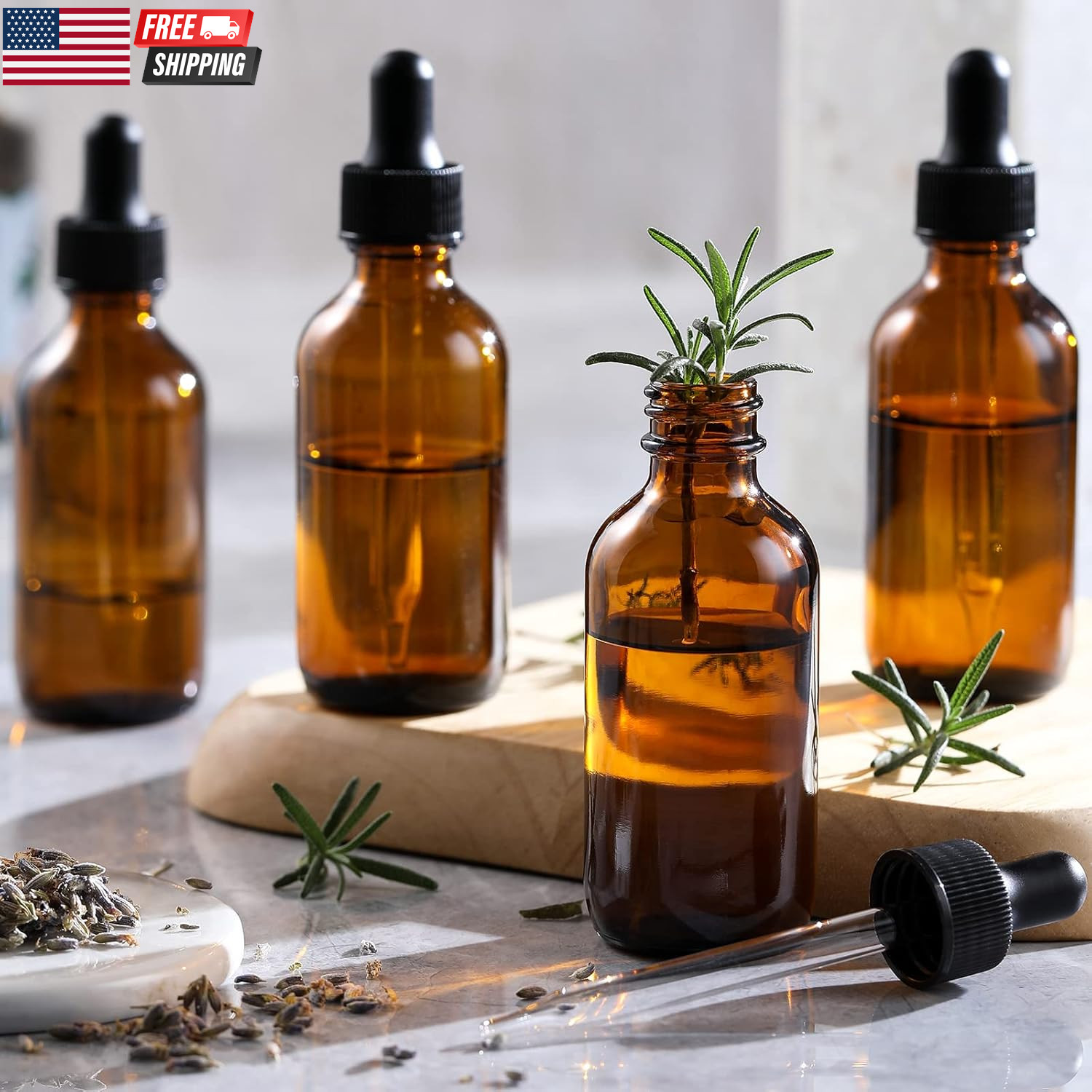 4 Pack, 1 Oz Thick Dark Amber Glass Dropper Bottles with 1 Funnels & 4 Labels –