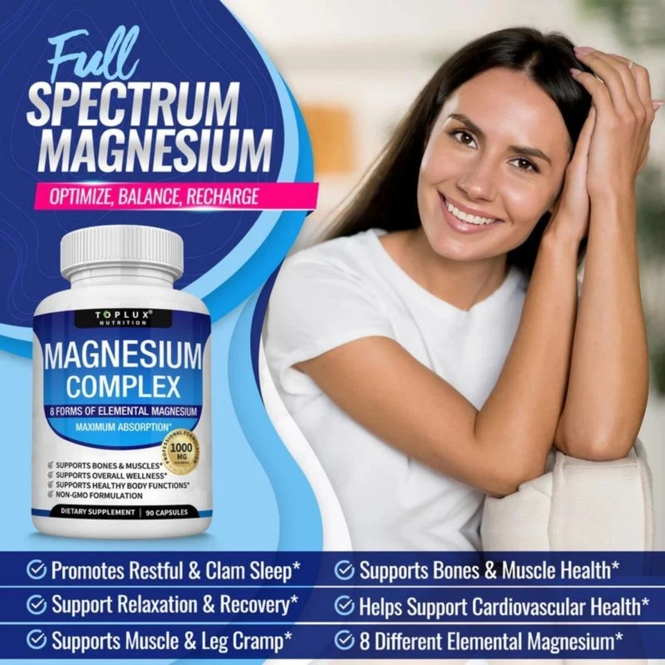 3Pack Toplux Nutrition Magnesium Complex 1000mg Supports 8 Elemental Magnesium