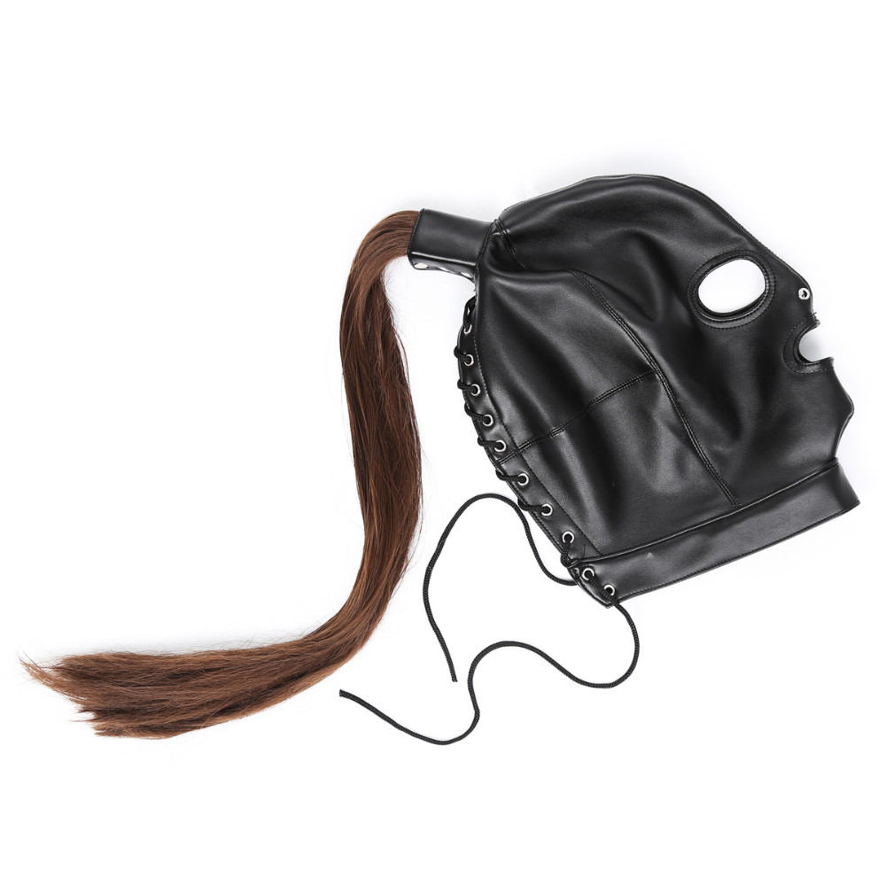 Adult Unisex PU Leather Gimp Head Harness Headgear Hood Party Mask Ponytail Wigs