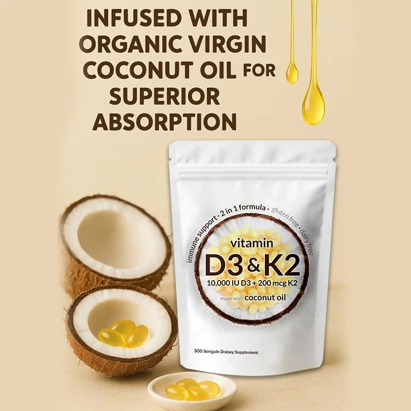 Vitamin D3 10000 iu Plus K2 (MK-7) 200 mcg, 300 Virgin Coconut Oil Softgels