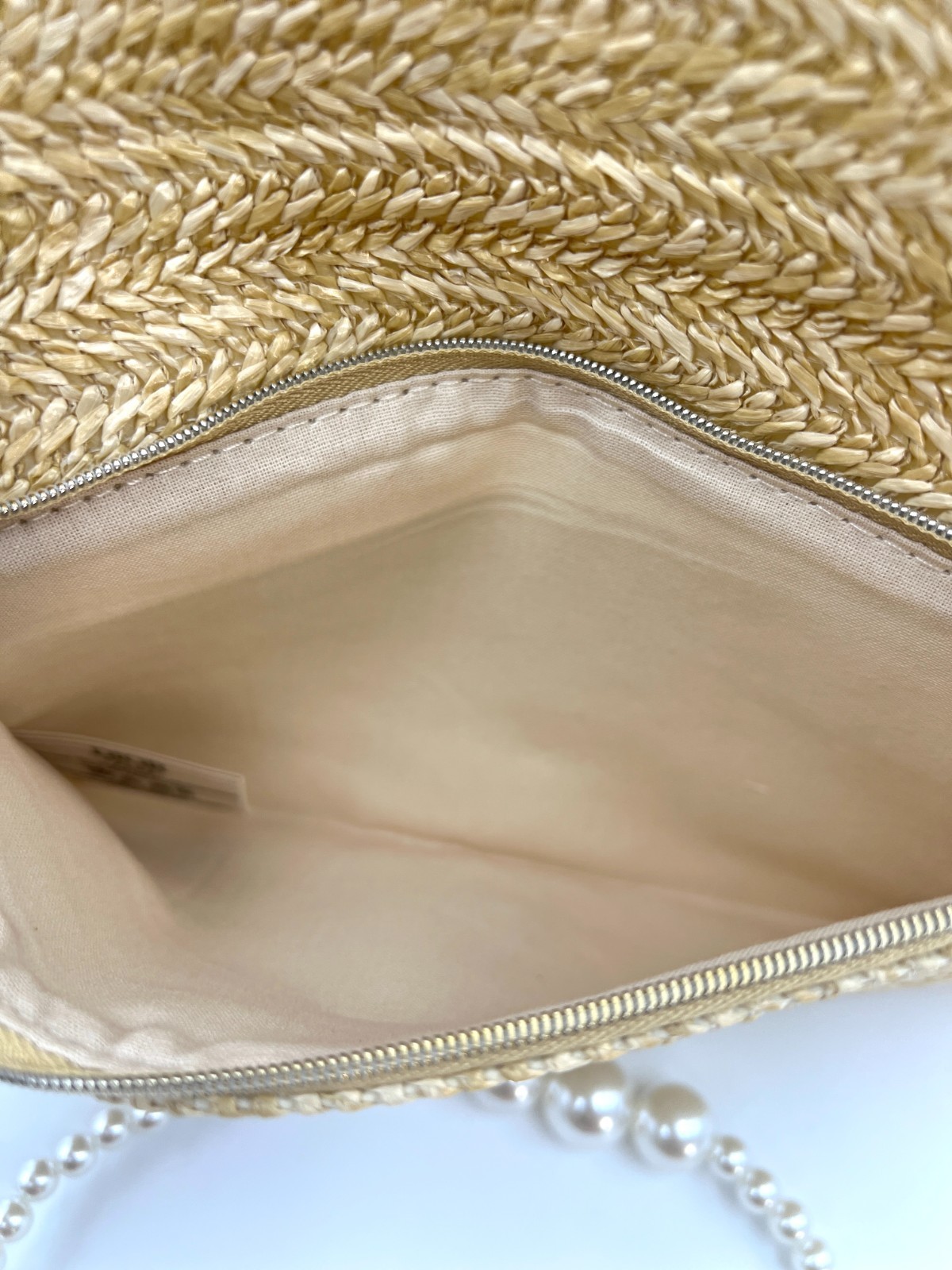 Christian Dior Straw Raffia Woven Cosmetic Zipper Bag Pouch with Chain With Box