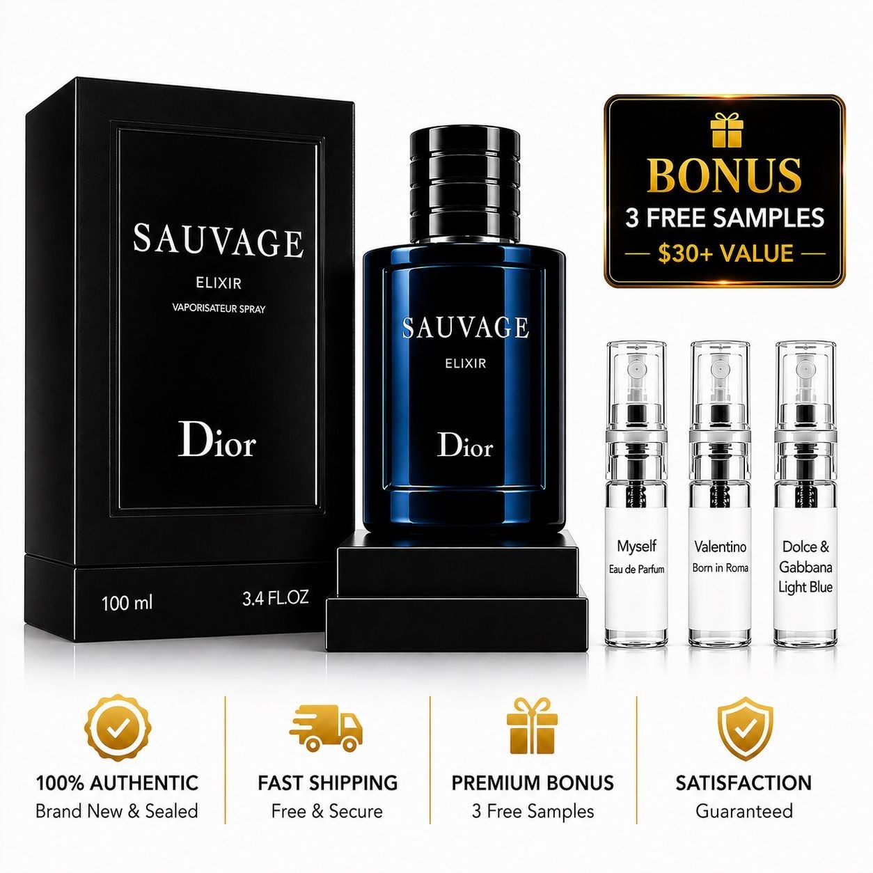 Dior Sauvage Elixir EDP Spray 100ml 3.4oz Men’s Cologne + 3 Fragrance Samples
