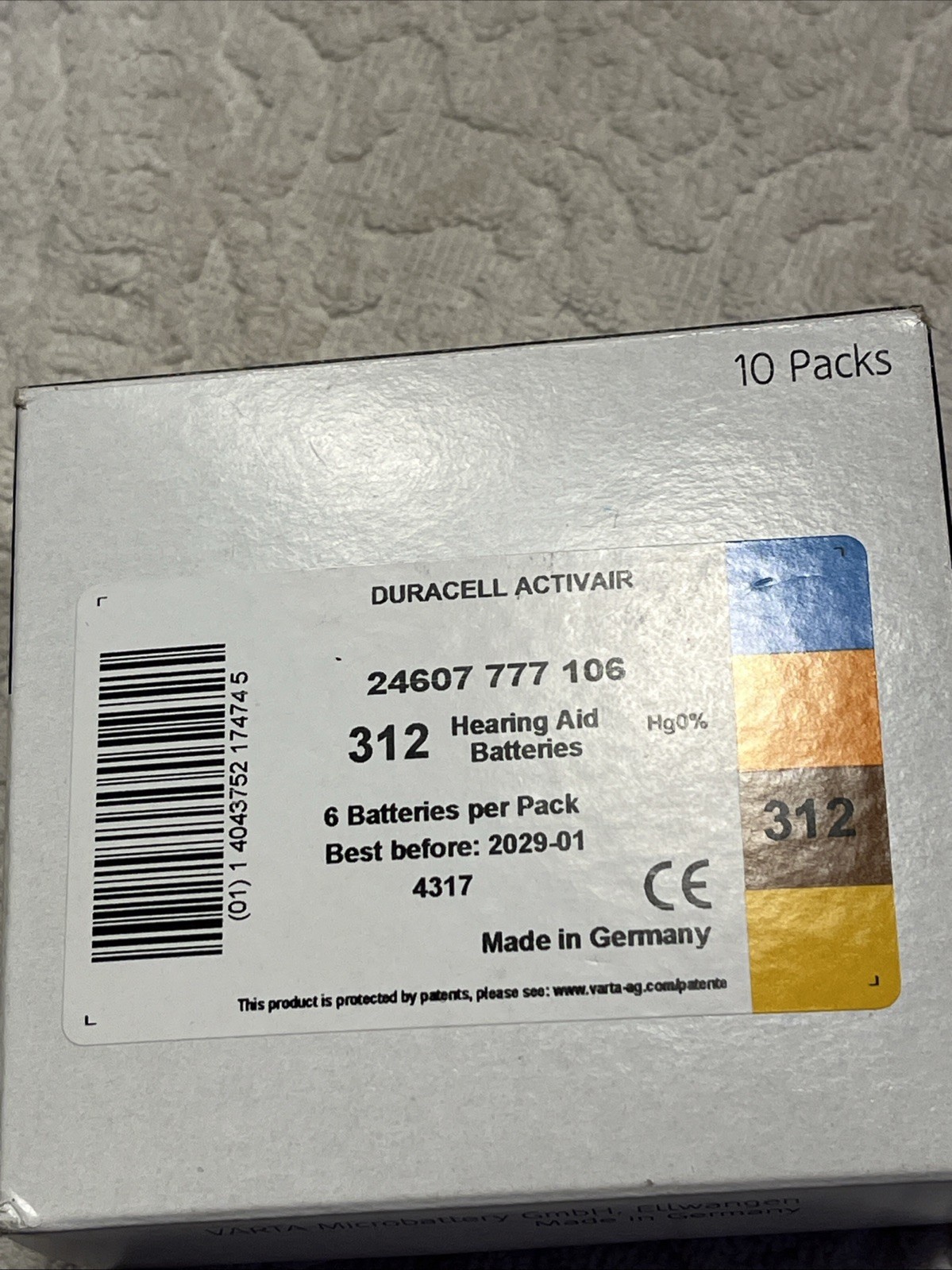 Duracell Hearing Aid Batteries Size 312 EXP 01 2029 Zinc Air 1.45 V 10 Packs