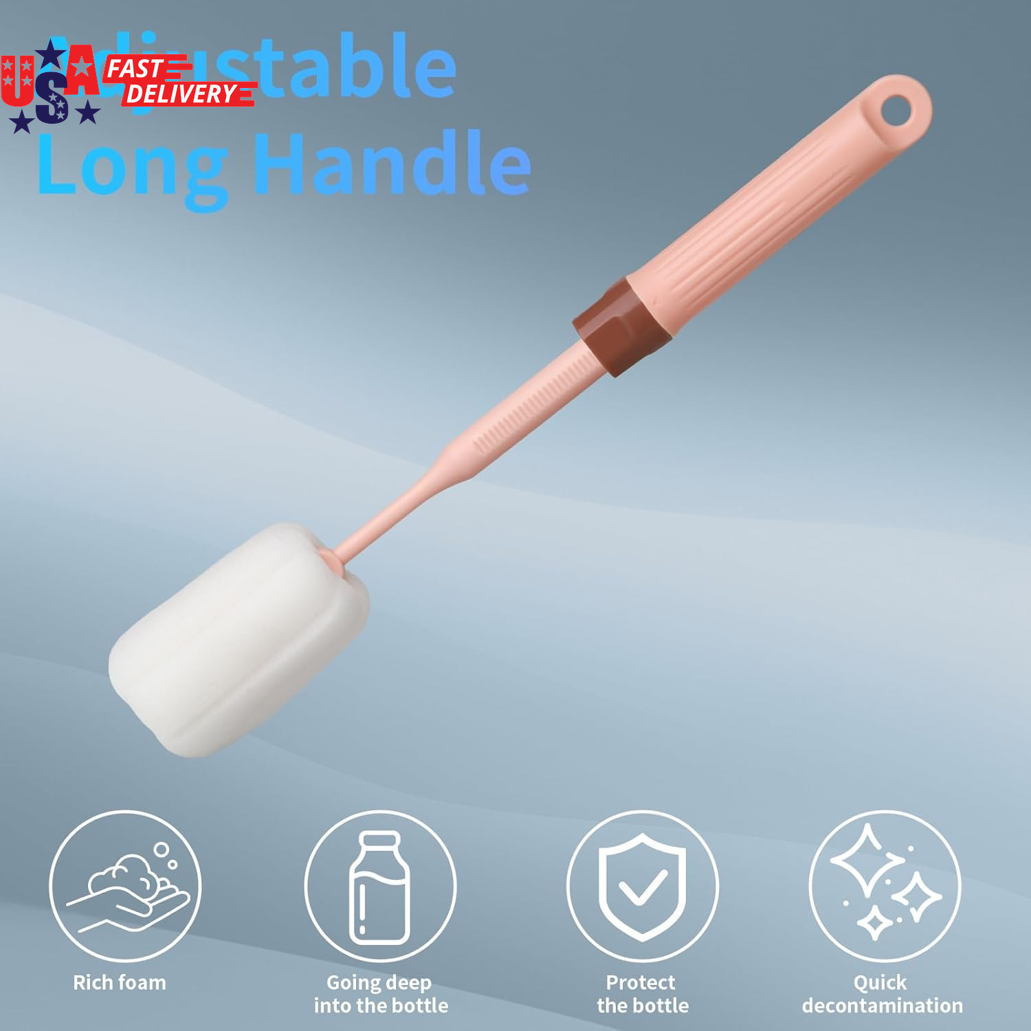 Sponge Bottle Brushes Adjustable Long Handle up to 12.9” High Density Foam Bottl