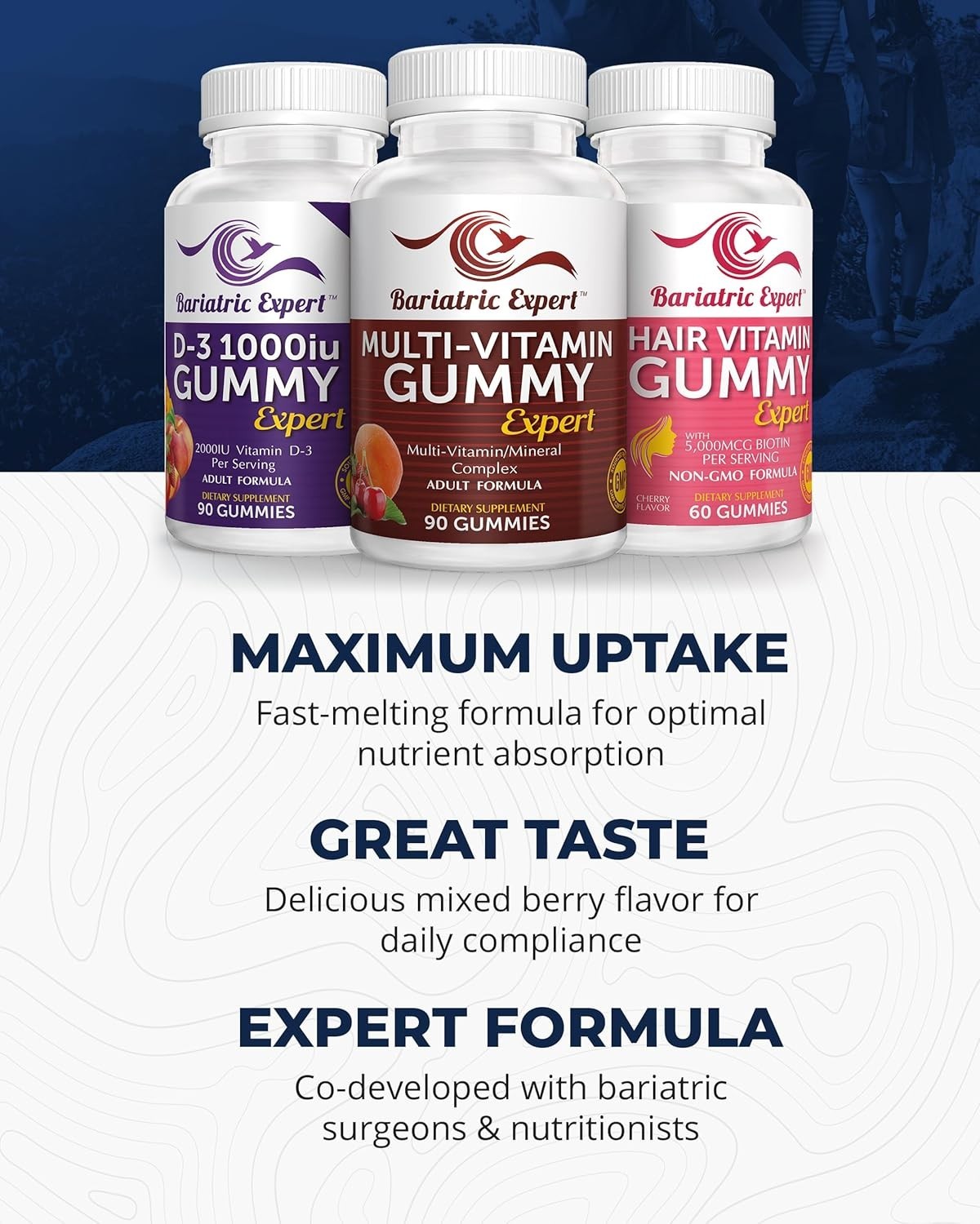 Bariatric Multivitamin Gummy 3 Pack D3 & Hair Formula Chews Adult Daily