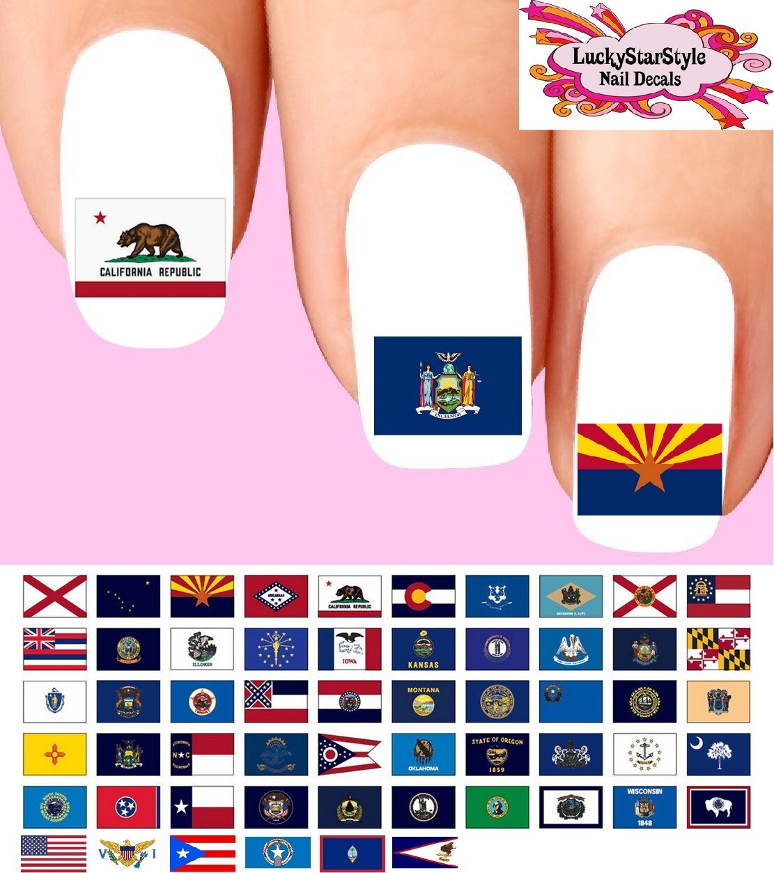 Waterslide Nail Decals Set of 56 – United States Flags and Territories Assorted