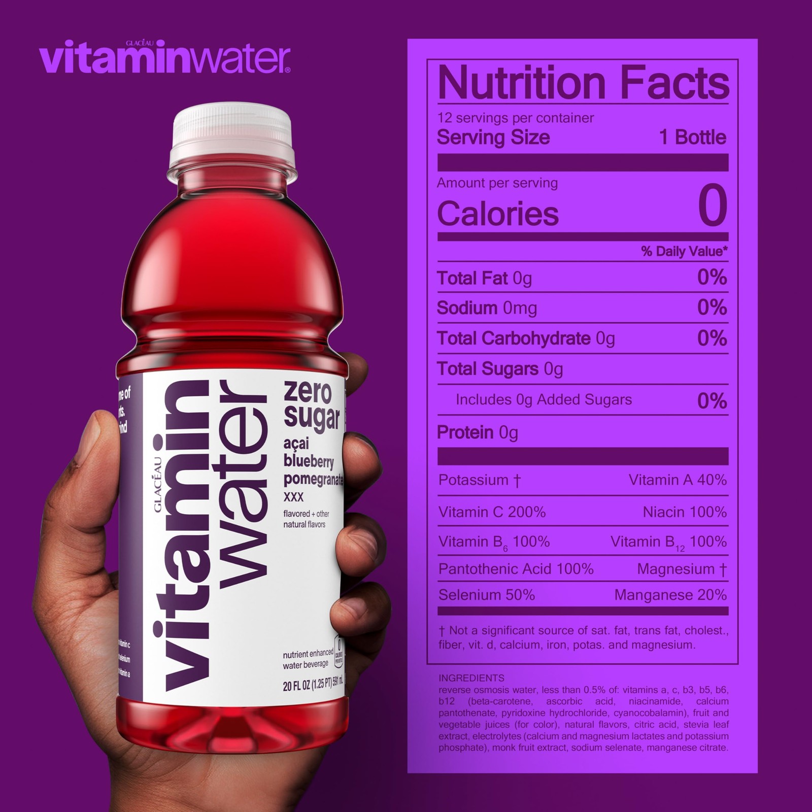 vitaminwater XXX Acai-Blueberry-Pomegranate Zero 20.05 Fl Oz (Pack of 12)