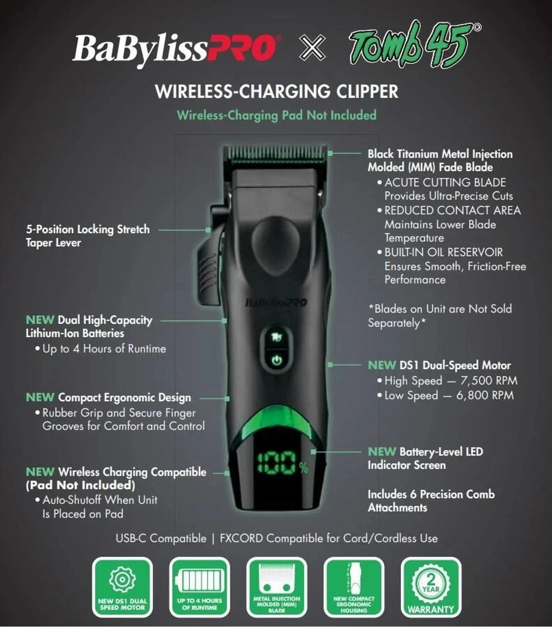 Babyliss Pro X Tomb45 Black Green Professional Cordless Clippers FXT45C Tomb 45