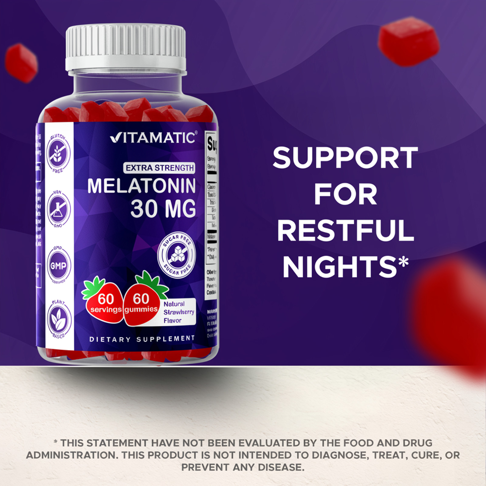 Vitamatic Sugar Free Melatonin 30mg per gummy-60 Servings – 60 Gummy – 2 Pack