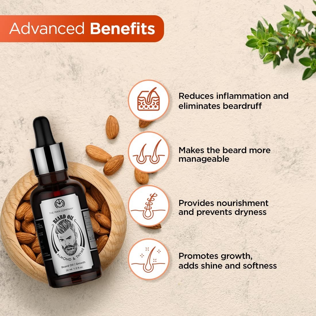 100% Natural Beard Oil with Almond & Thyme – Promote Growth & Shine – 1.1 Oz