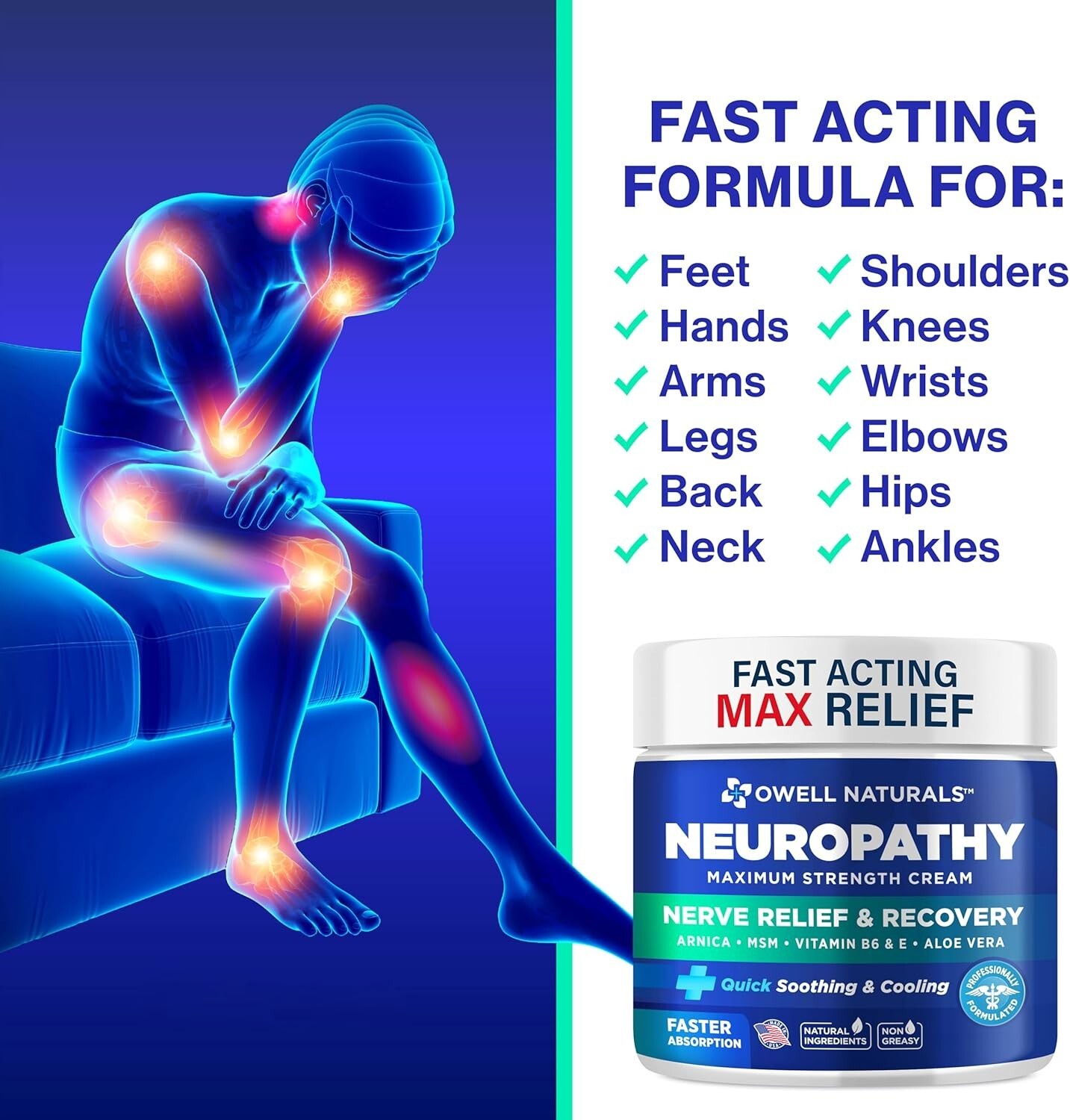 OWELL NATURALS Neuropathy Nerve Pain Relief Cream for Feet, Leg, Max Strenght