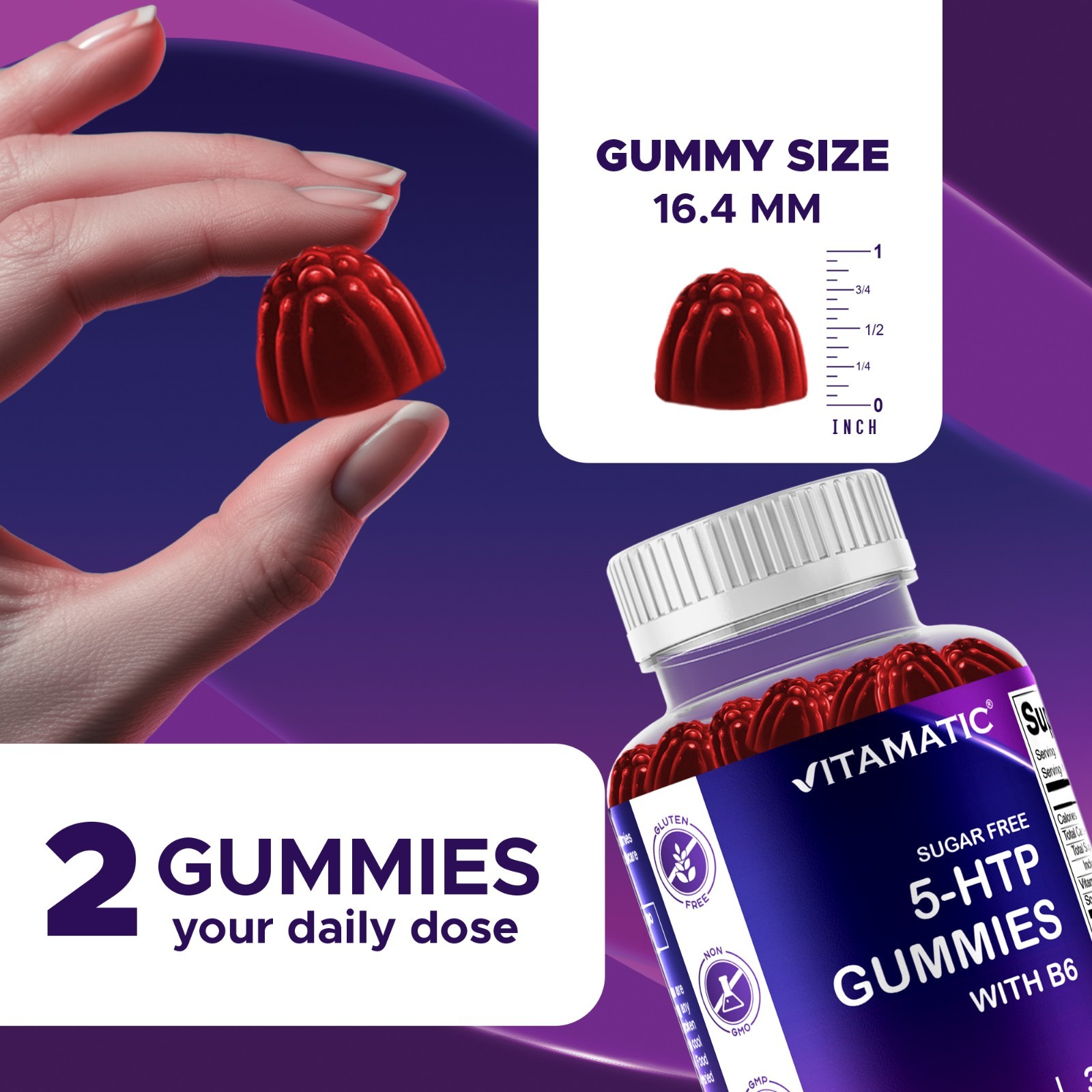 2 Pack Vitamatic Sugar Free 5-HTP 200mg Gummies with B6 per Serving – 60 Gummies