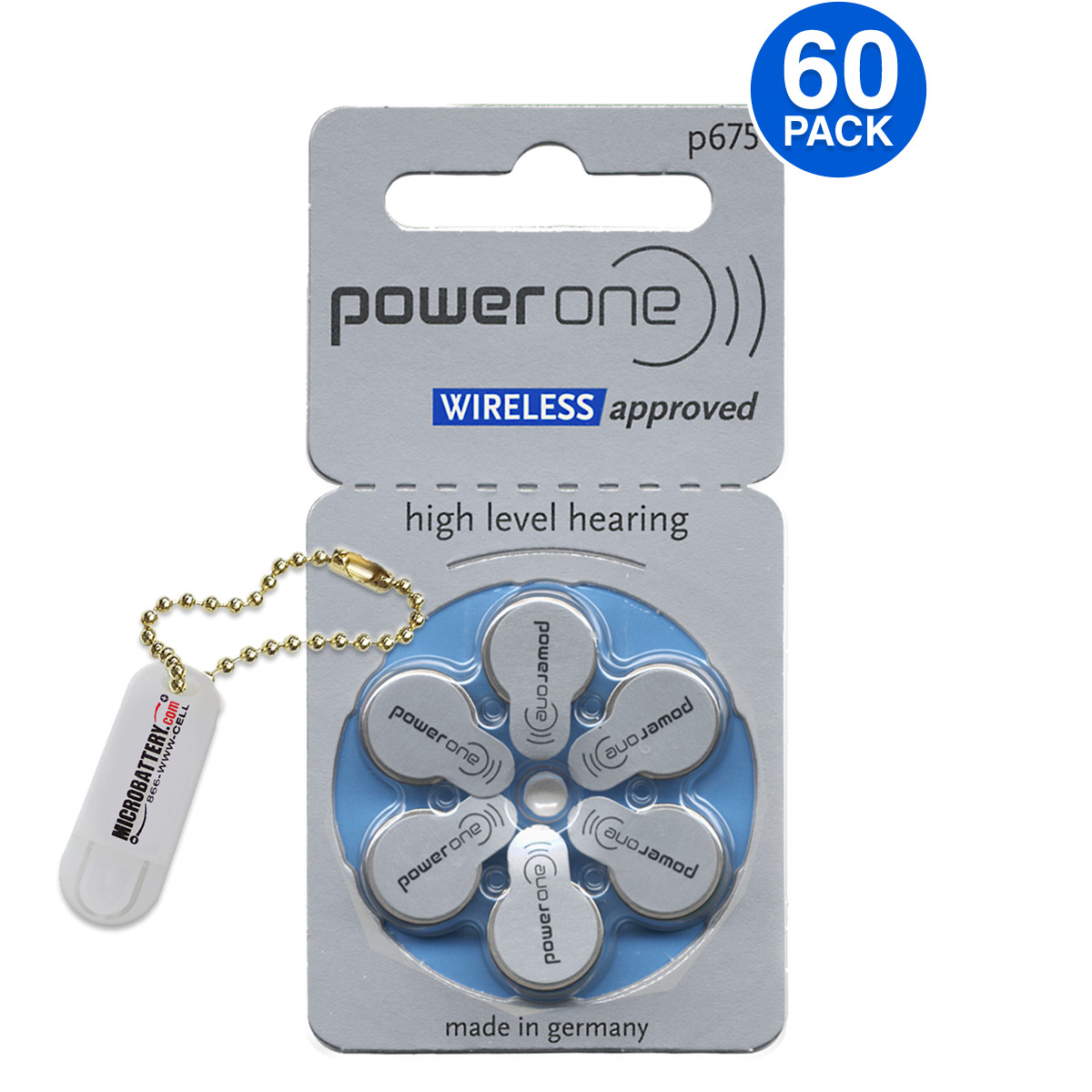 60 Power One Hearing Aid Batteries Size 675 + Free Keychain/2 Extra Batteries