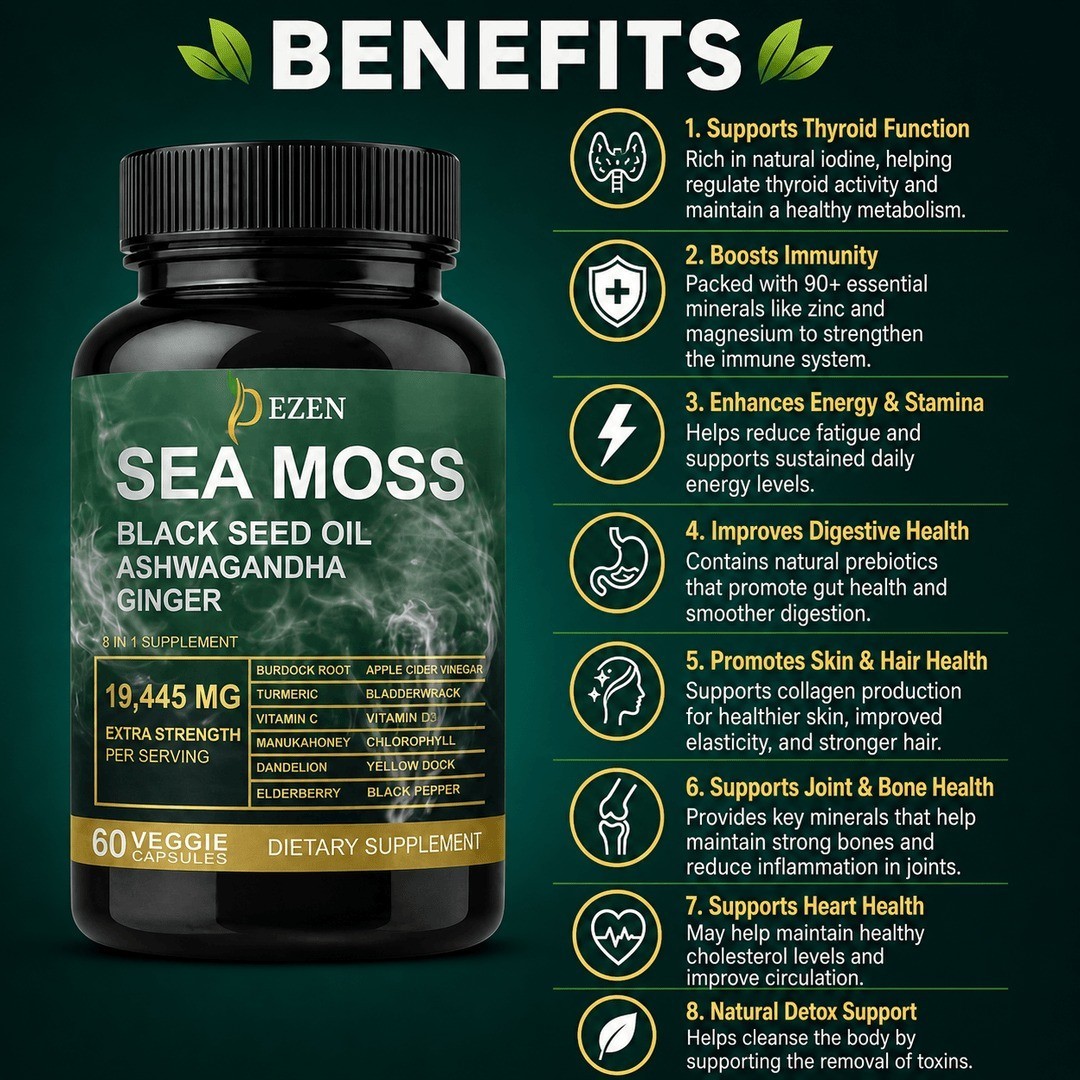Sea Moss Capsules 19445mg with Black Seed Oil & Ashwagandha,Herbal Supplement