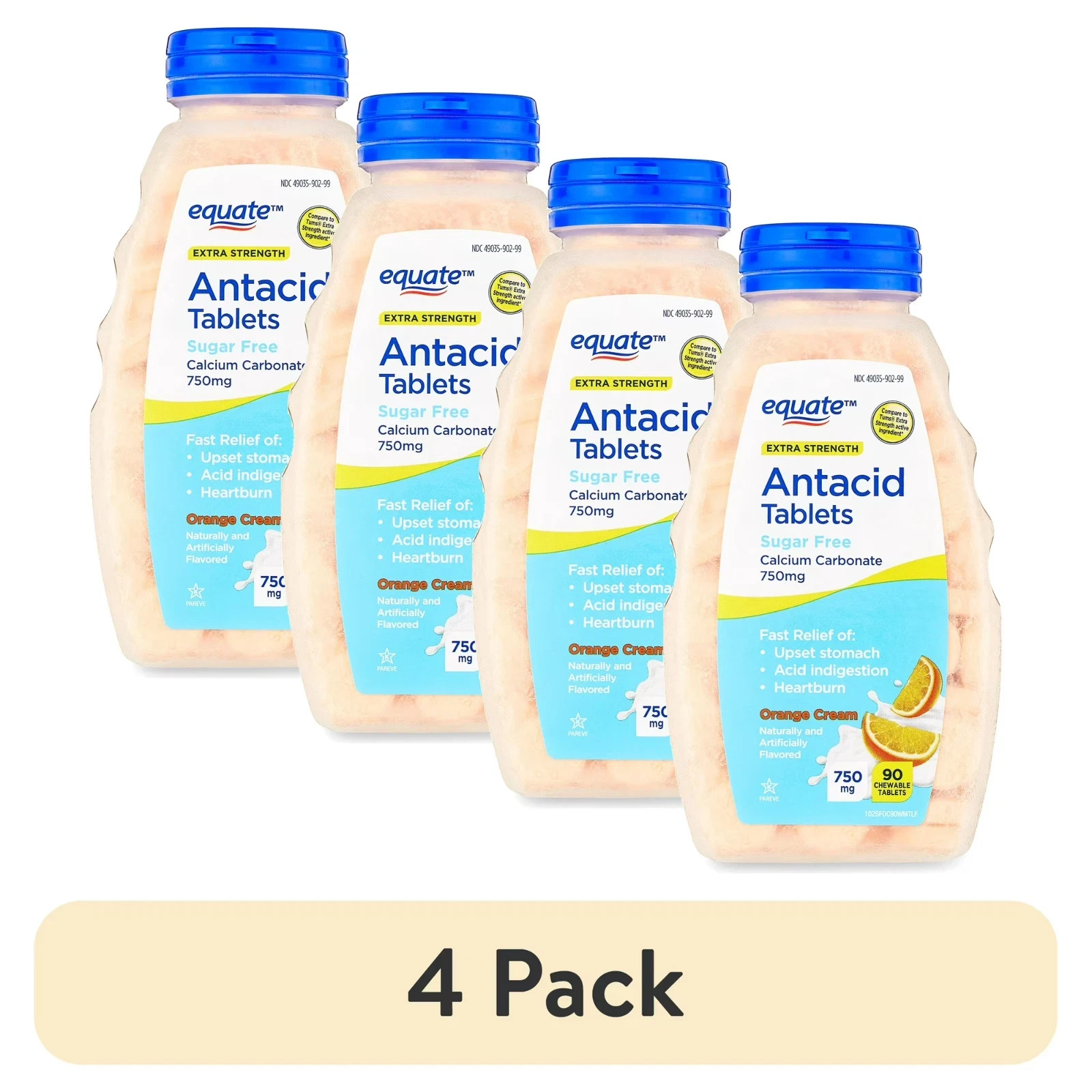 Equate Extra Strength Sugar-Free Antacid Chewable Tablets, Orange Cream, 4 pack