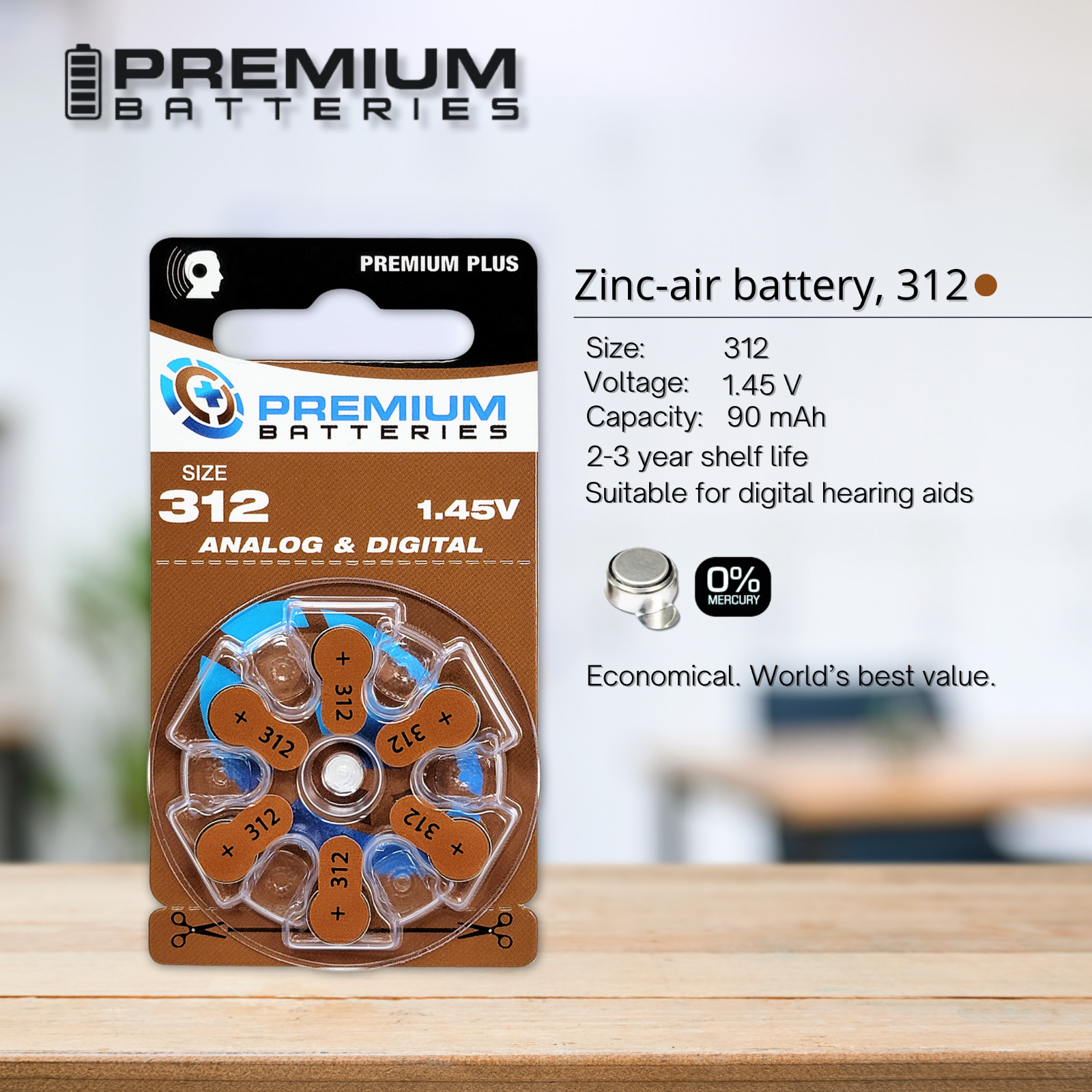 Premium Plus Size 312 PR41 p312 ZA312 1.45V Hearing Aid Batteries (60 Pack)